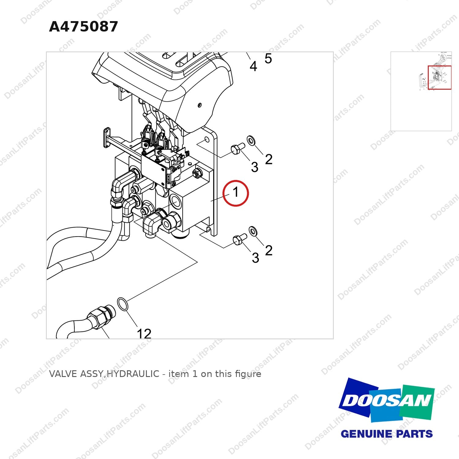 A475087 VALVE ASSY,HYDRAULIC - parts diagram, item 1 shown - genuine Doosan / Bobcat forklift part