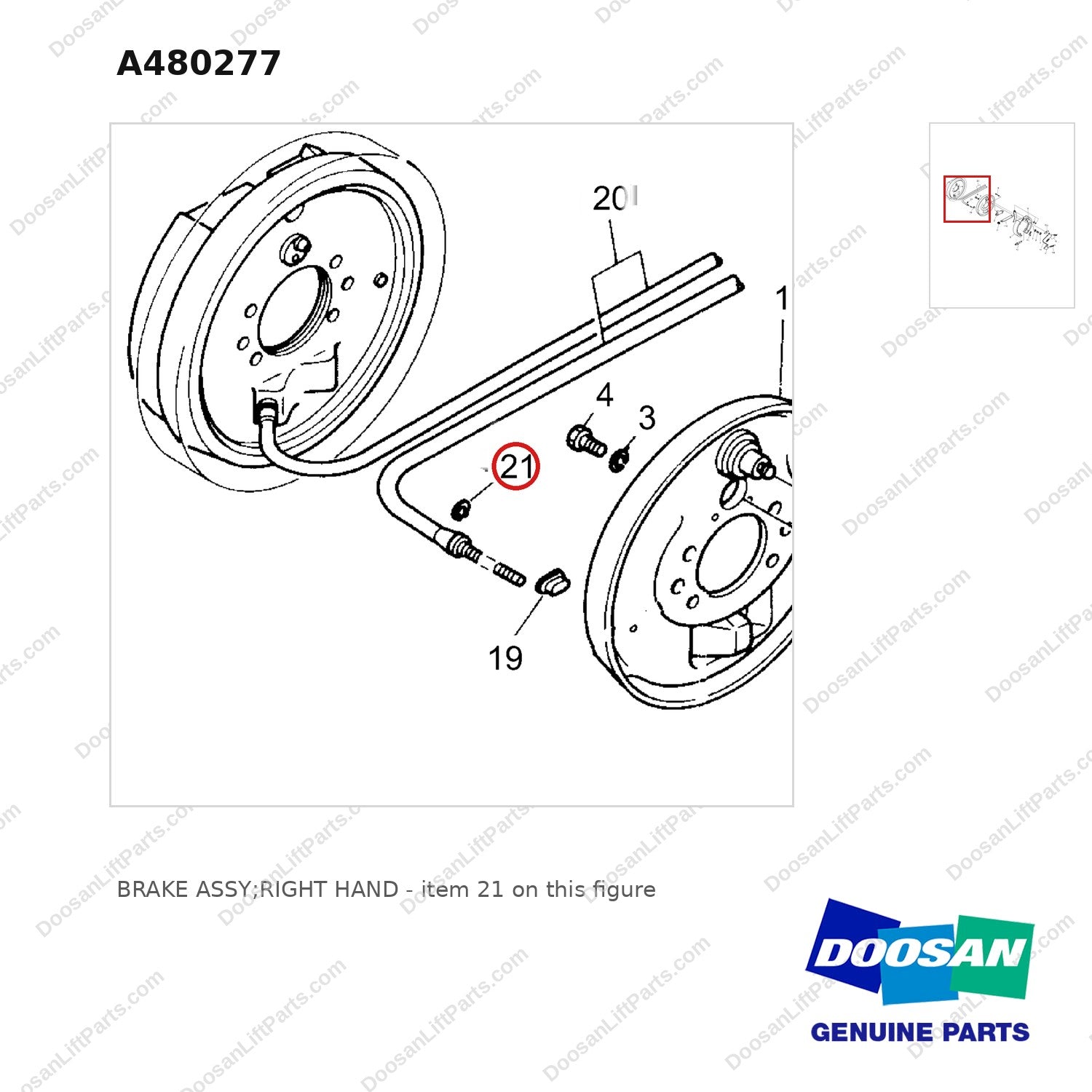 A480277 BRAKE ASSY;RIGHT HAND - parts diagram, item 21 shown - genuine Doosan / Bobcat forklift part