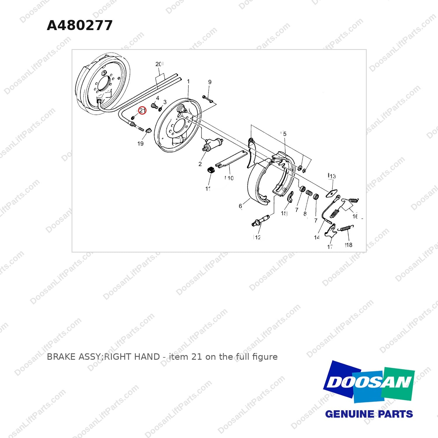 A480277 BRAKE ASSY;RIGHT HAND - full parts diagram, item 21 marked - genuine Doosan / Bobcat forklift part