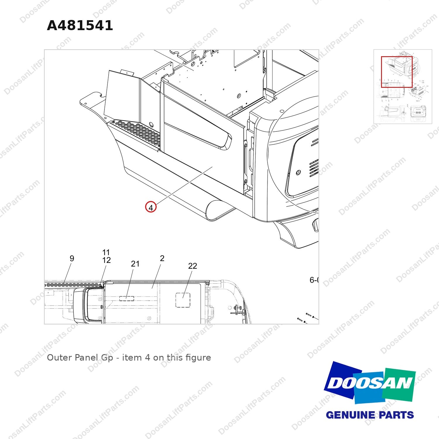 A481541 Outer Panel Gp - parts diagram, item 4 shown - genuine Doosan / Bobcat forklift part