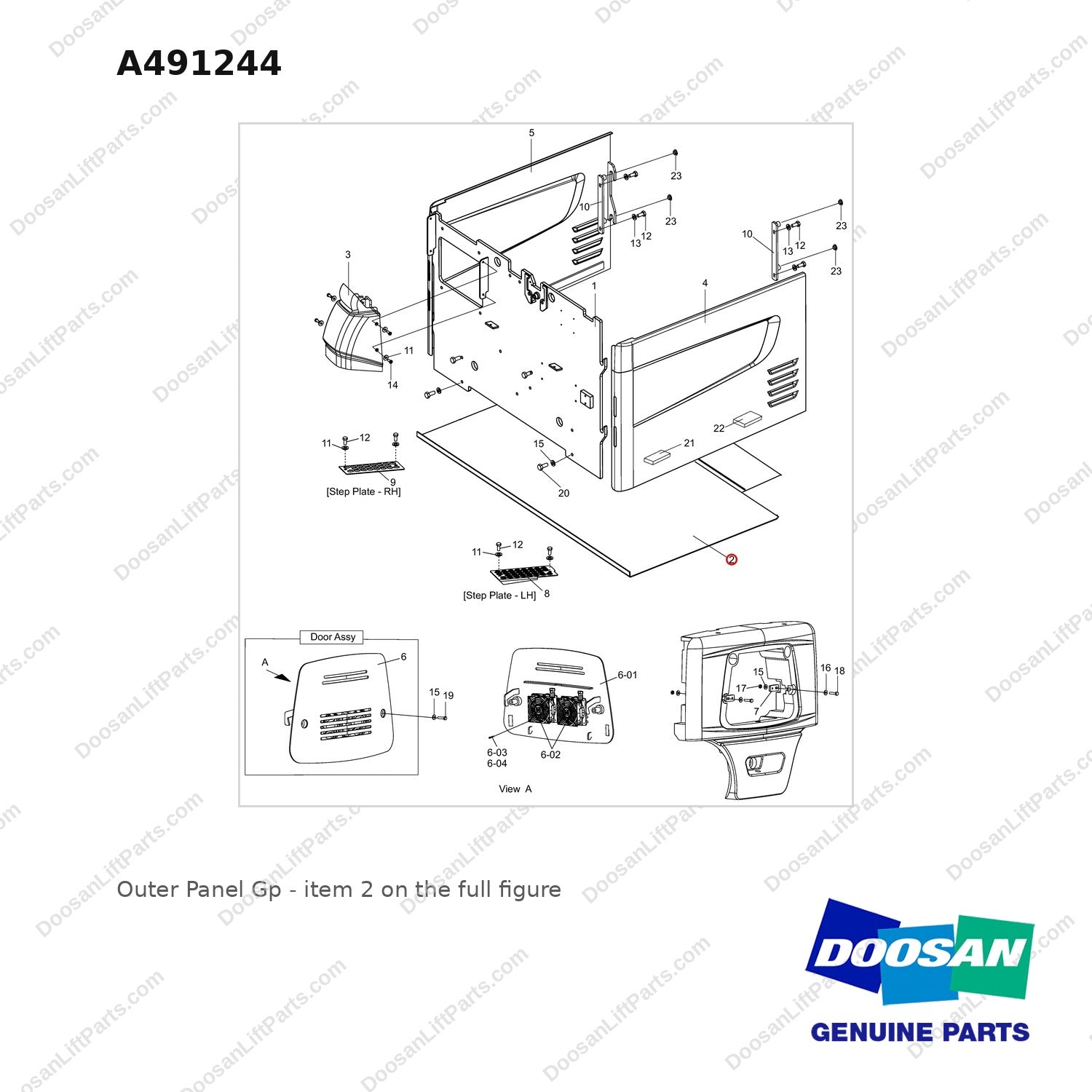 A491244 Outer Panel Gp - full parts diagram, item 2 marked - genuine Doosan / Bobcat forklift part