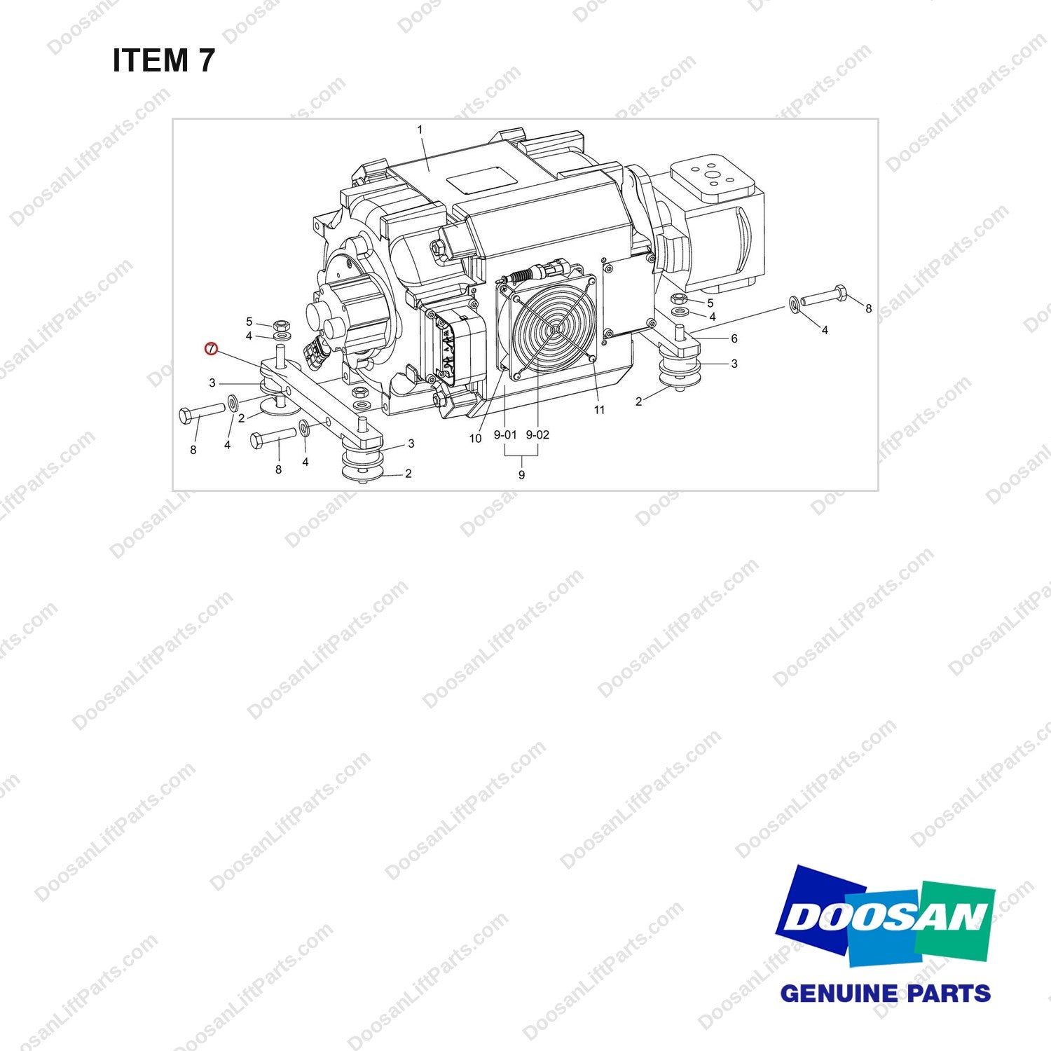 A501461 Motor Gp-Hydraulic - 80 Volt - full parts diagram, item 7 marked - genuine Doosan / Bobcat forklift part