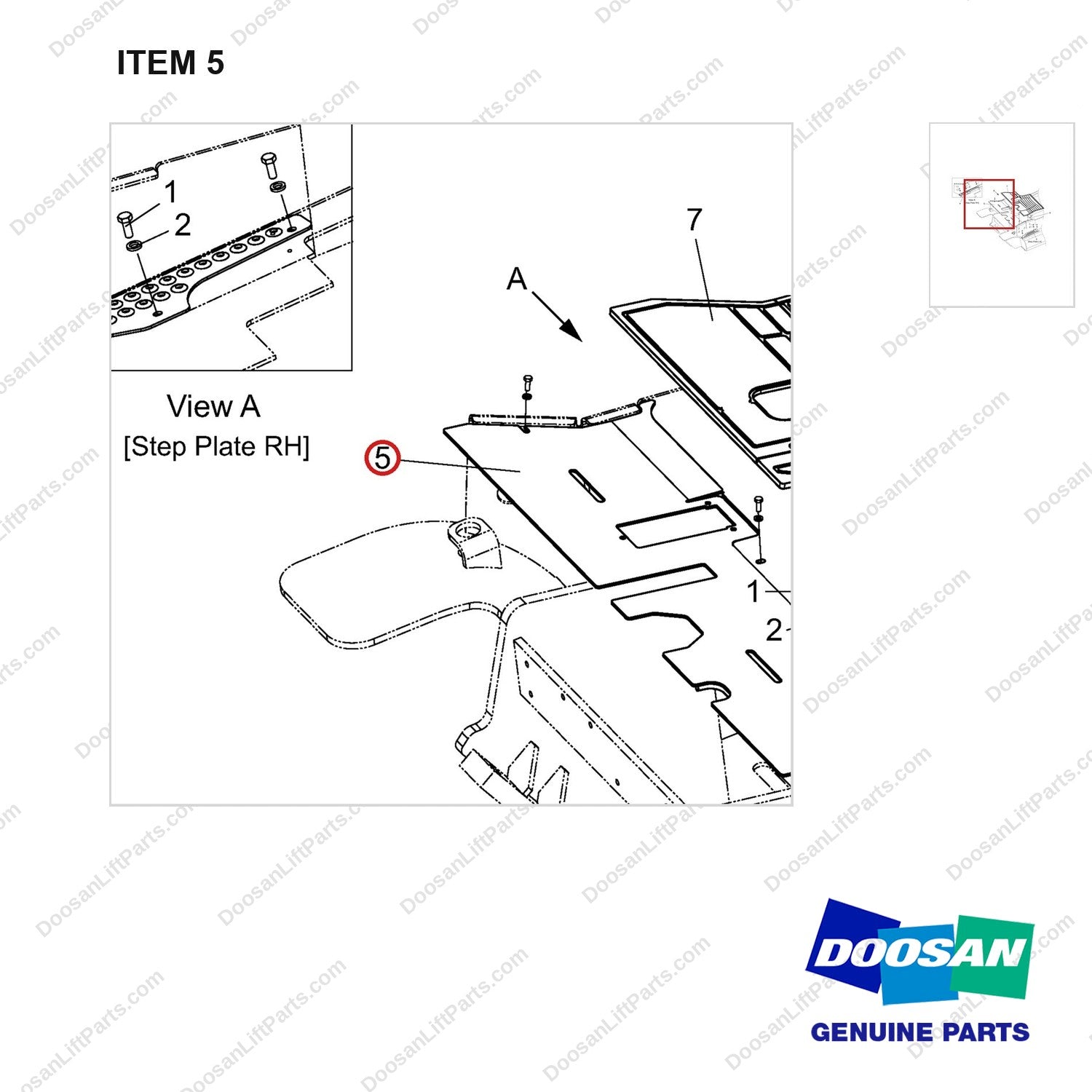 A501598 Floor Plate Gp - parts diagram, item 5 shown - genuine Doosan / Bobcat forklift part