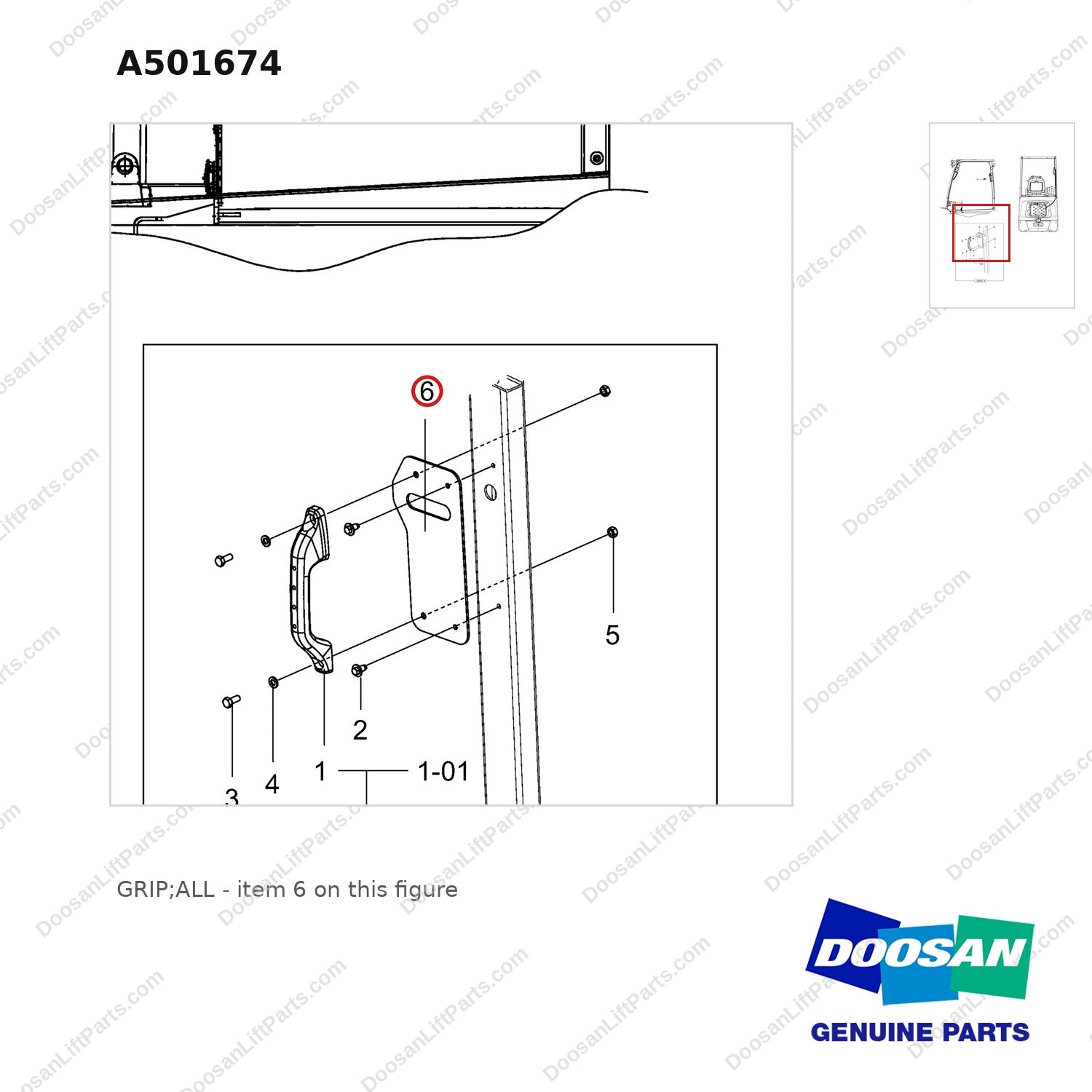 A501674 GRIP;ALL - parts diagram, item 6 shown - genuine Doosan / Bobcat forklift part