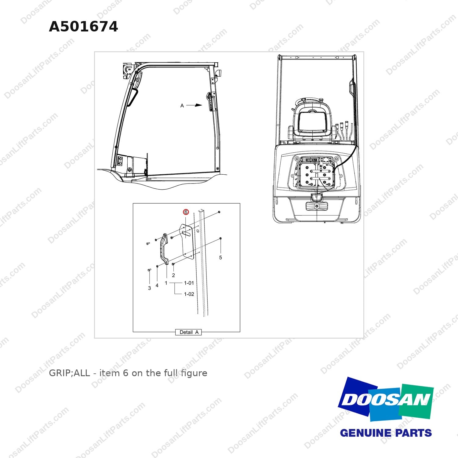 A501674 GRIP;ALL - full parts diagram, item 6 marked - genuine Doosan / Bobcat forklift part