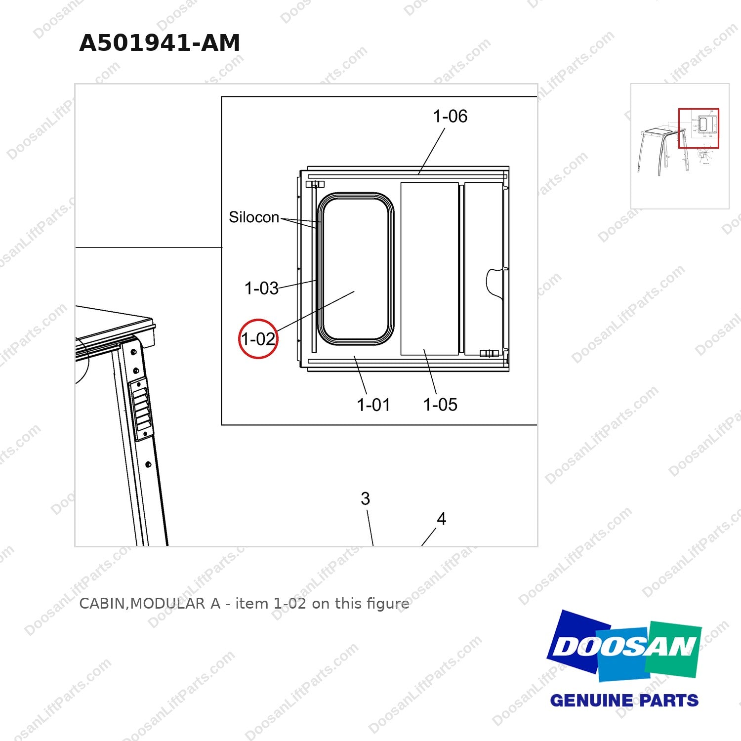 A501941-AM CABIN,MODULAR A - parts diagram, item 1-02 shown - genuine Doosan / Bobcat forklift part