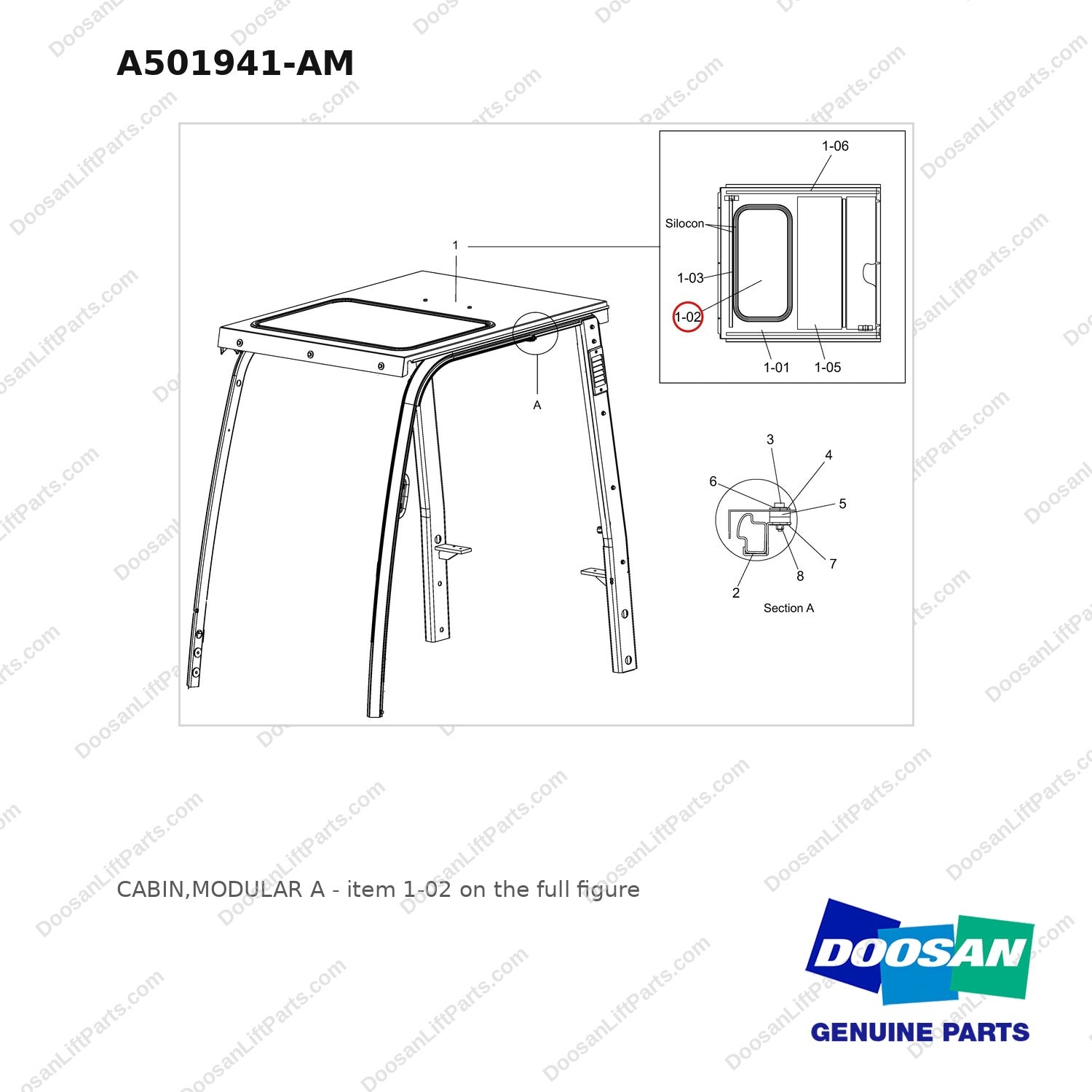 A501941-AM CABIN,MODULAR A - full parts diagram, item 1-02 marked - genuine Doosan / Bobcat forklift part