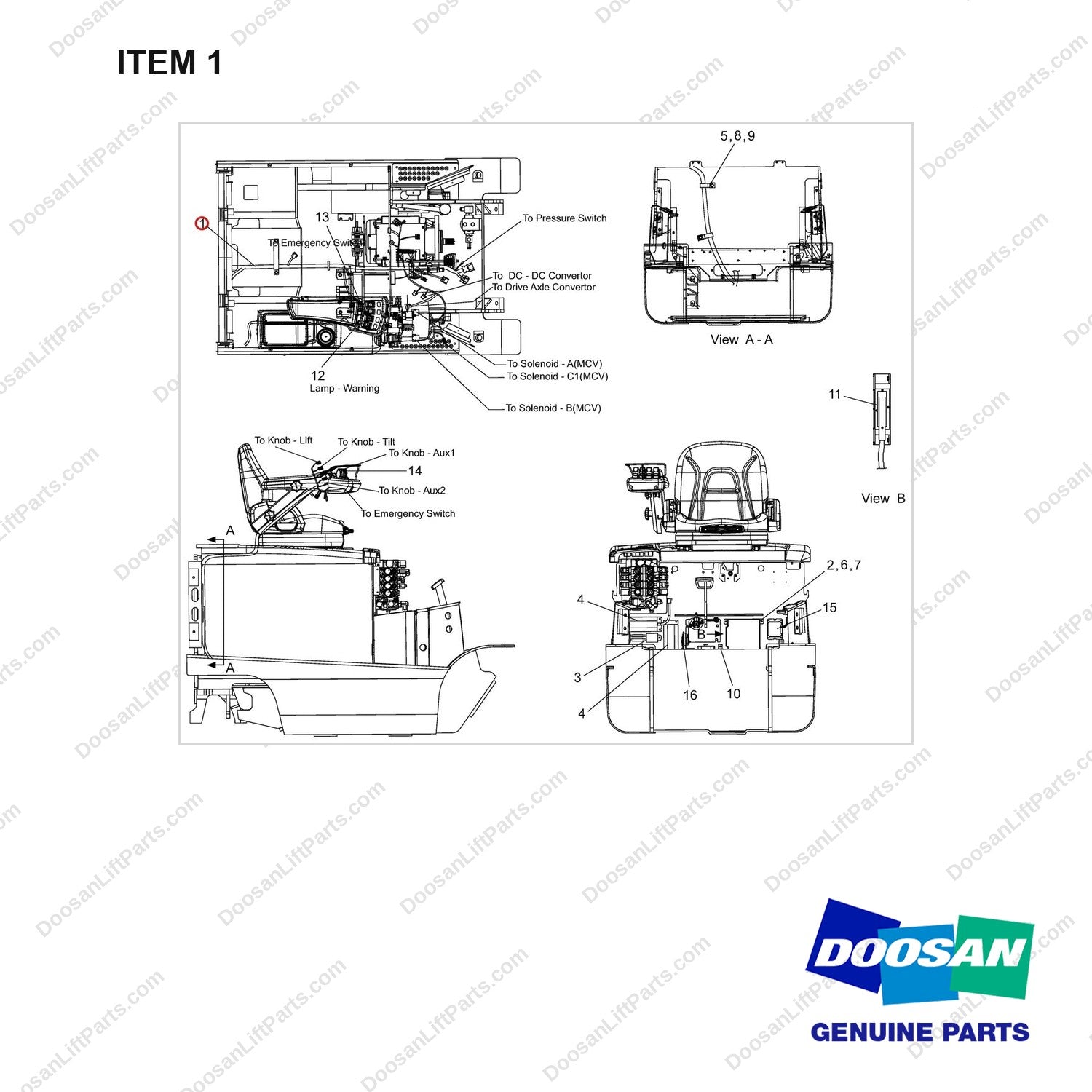A504315 Wiring Gp-Fingertip - 80V - full parts diagram, item 1 marked - genuine Doosan / Bobcat forklift part