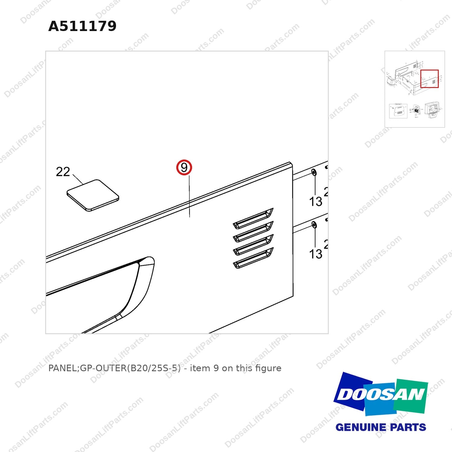 A511179 PANEL;GP-OUTER(B20/25S-5) - parts diagram, item 9 shown - genuine Doosan / Bobcat forklift part
