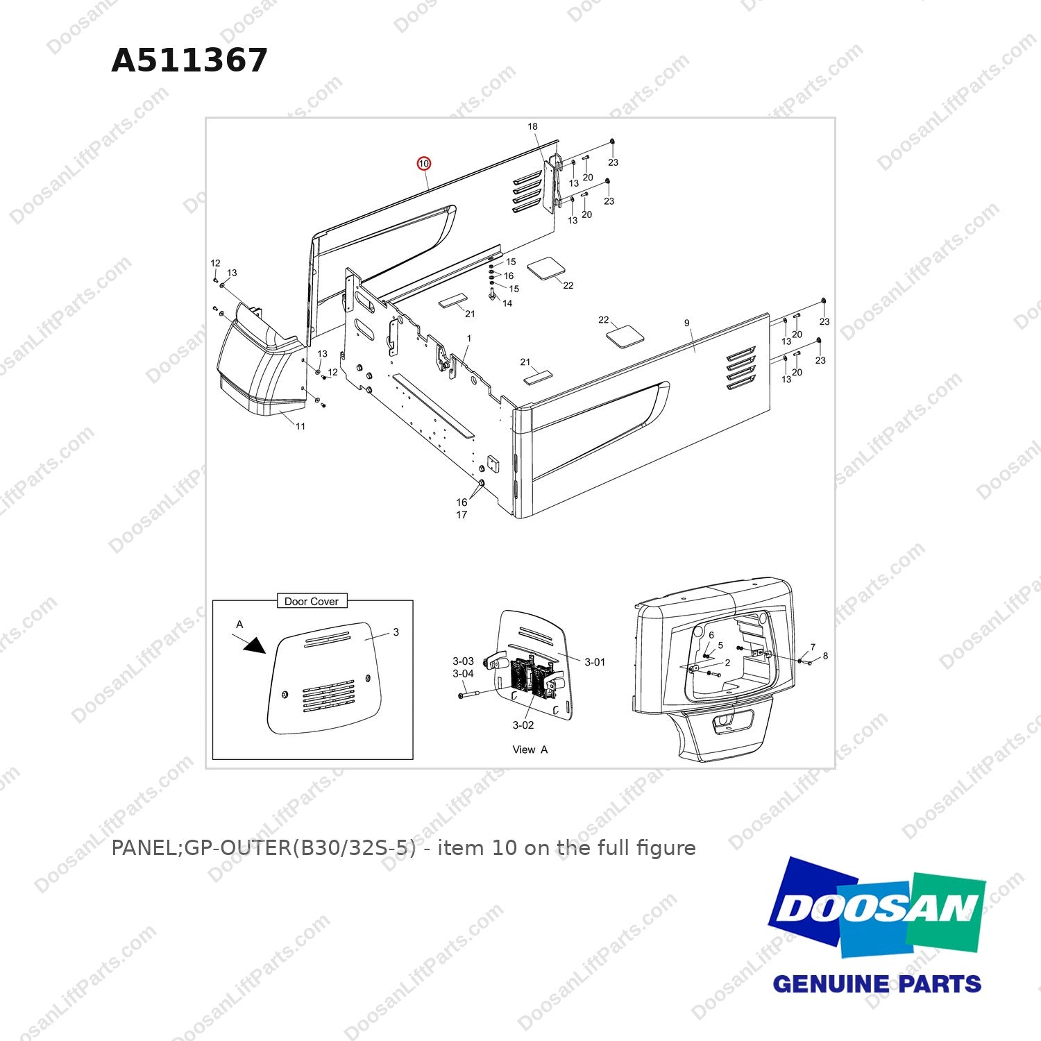 A511367 PANEL;GP-OUTER(B30/32S-5) - full parts diagram, item 10 marked - genuine Doosan / Bobcat forklift part