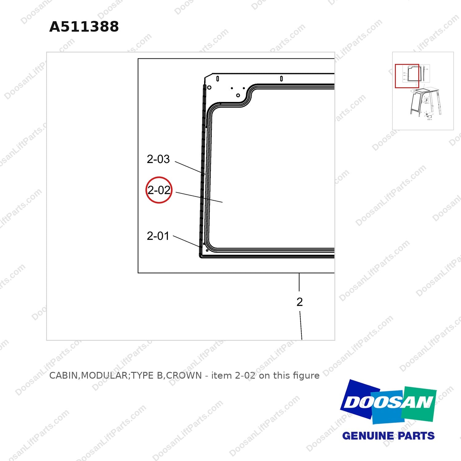A511388 CABIN,MODULAR;TYPE B,CROWN - parts diagram, item 2-02 shown - genuine Doosan / Bobcat forklift part