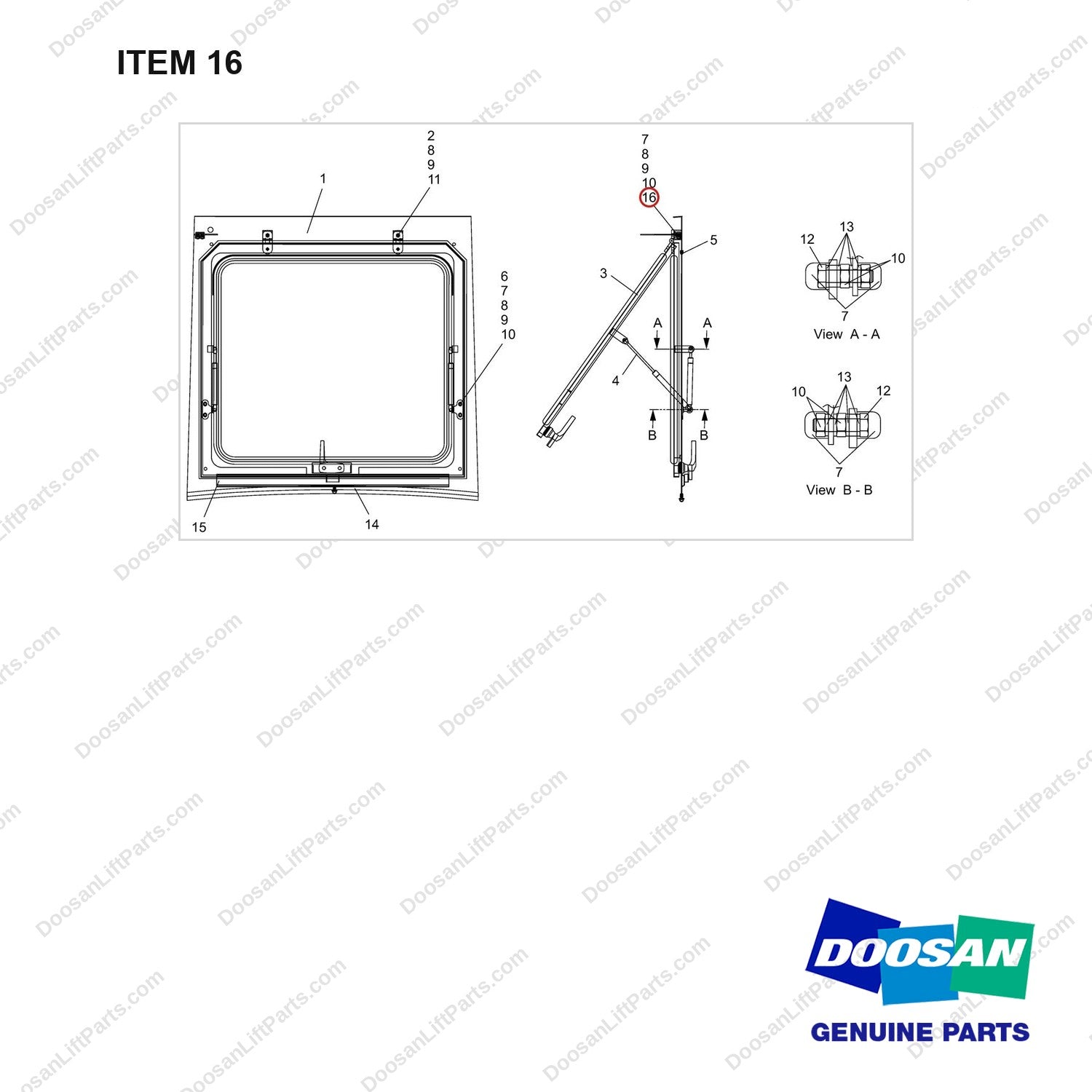 A511406 COVER ASSY,CABIN;REAR - full parts diagram, item 16 marked - genuine Doosan / Bobcat forklift part