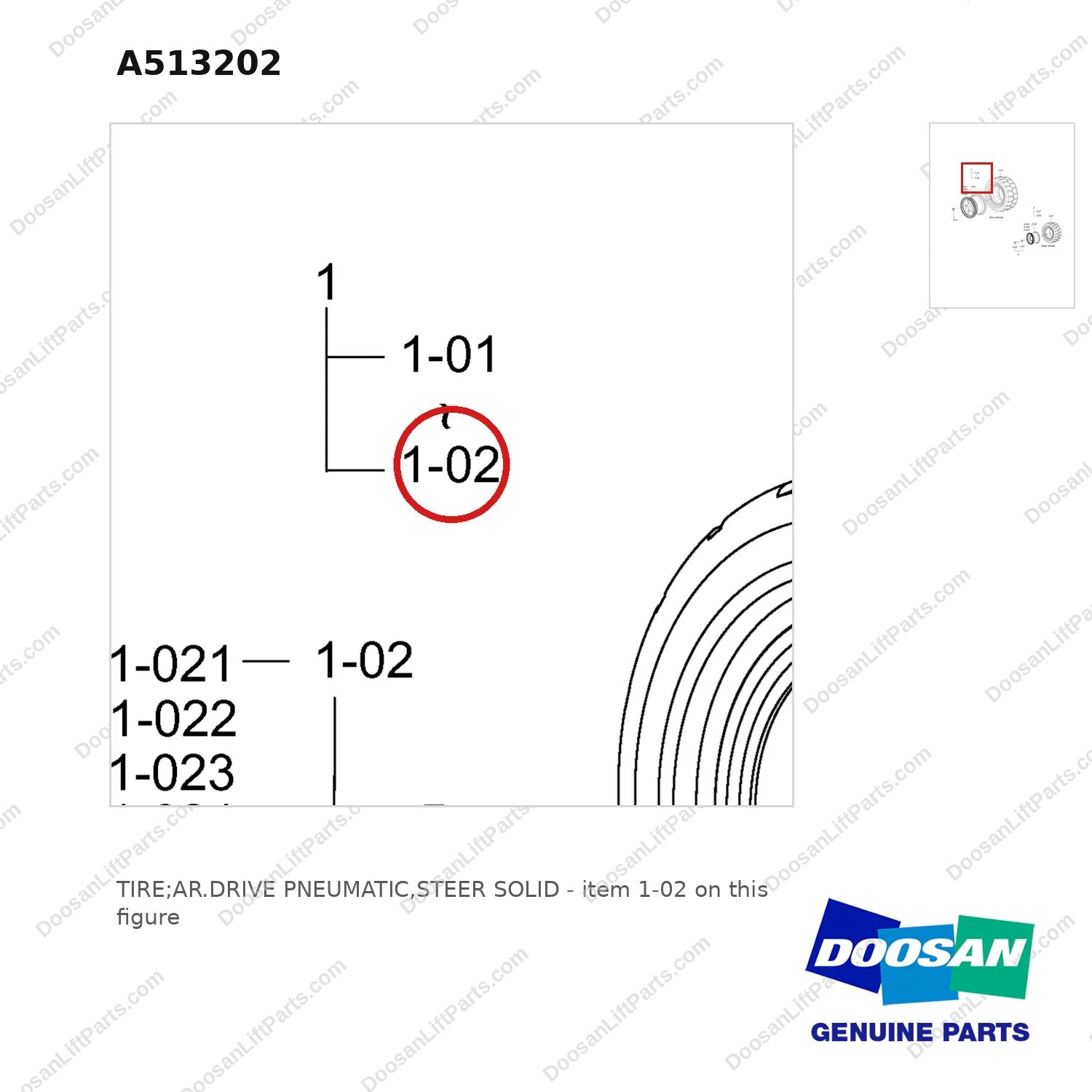 A513202 TIRE;AR.DRIVE PNEUMATIC,STEER SOLID - parts diagram, item 1-02 shown - genuine Doosan / Bobcat forklift part