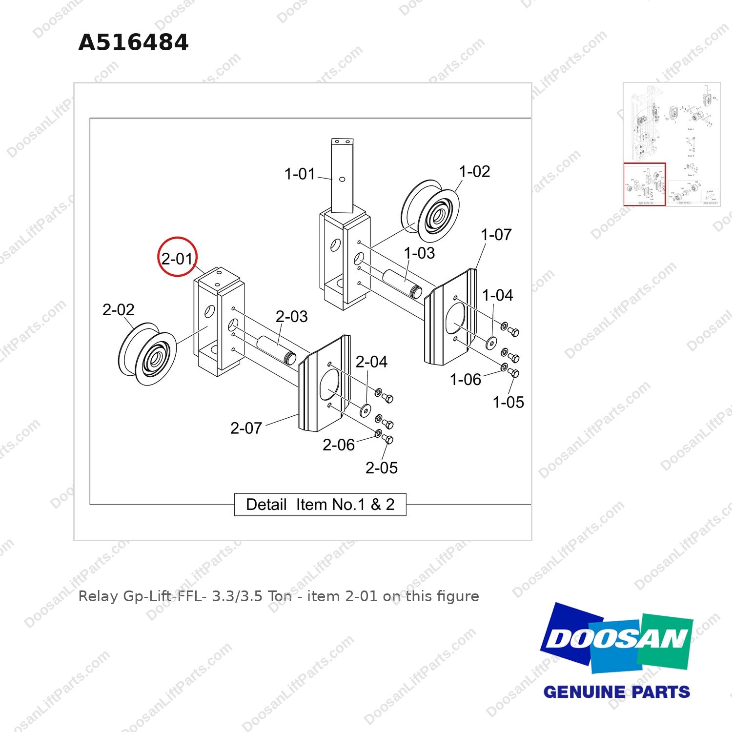 A516484 Relay Gp-Lift-FFL- 3.3/3.5 Ton - parts diagram, item 2-01 shown - genuine Doosan / Bobcat forklift part