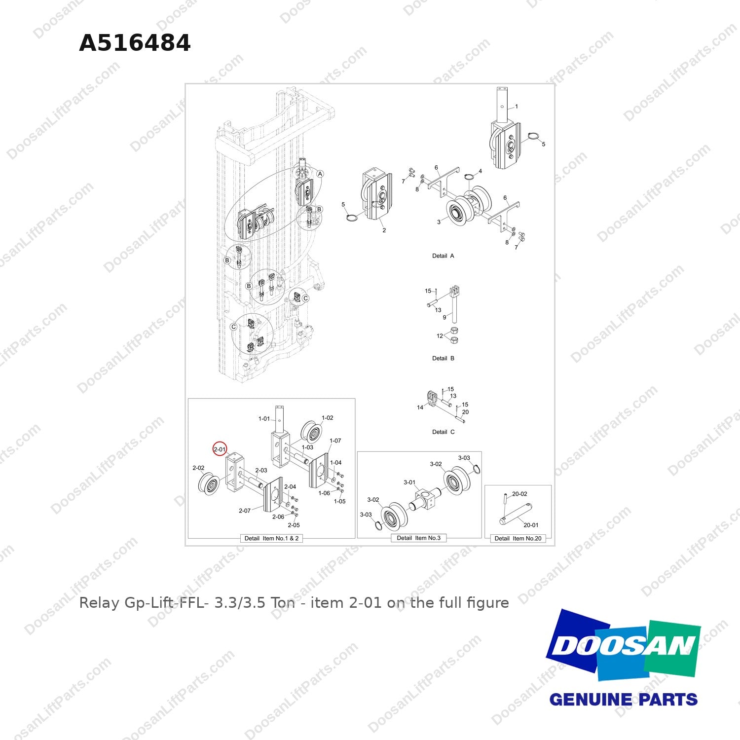A516484 Relay Gp-Lift-FFL- 3.3/3.5 Ton - full parts diagram, item 2-01 marked - genuine Doosan / Bobcat forklift part