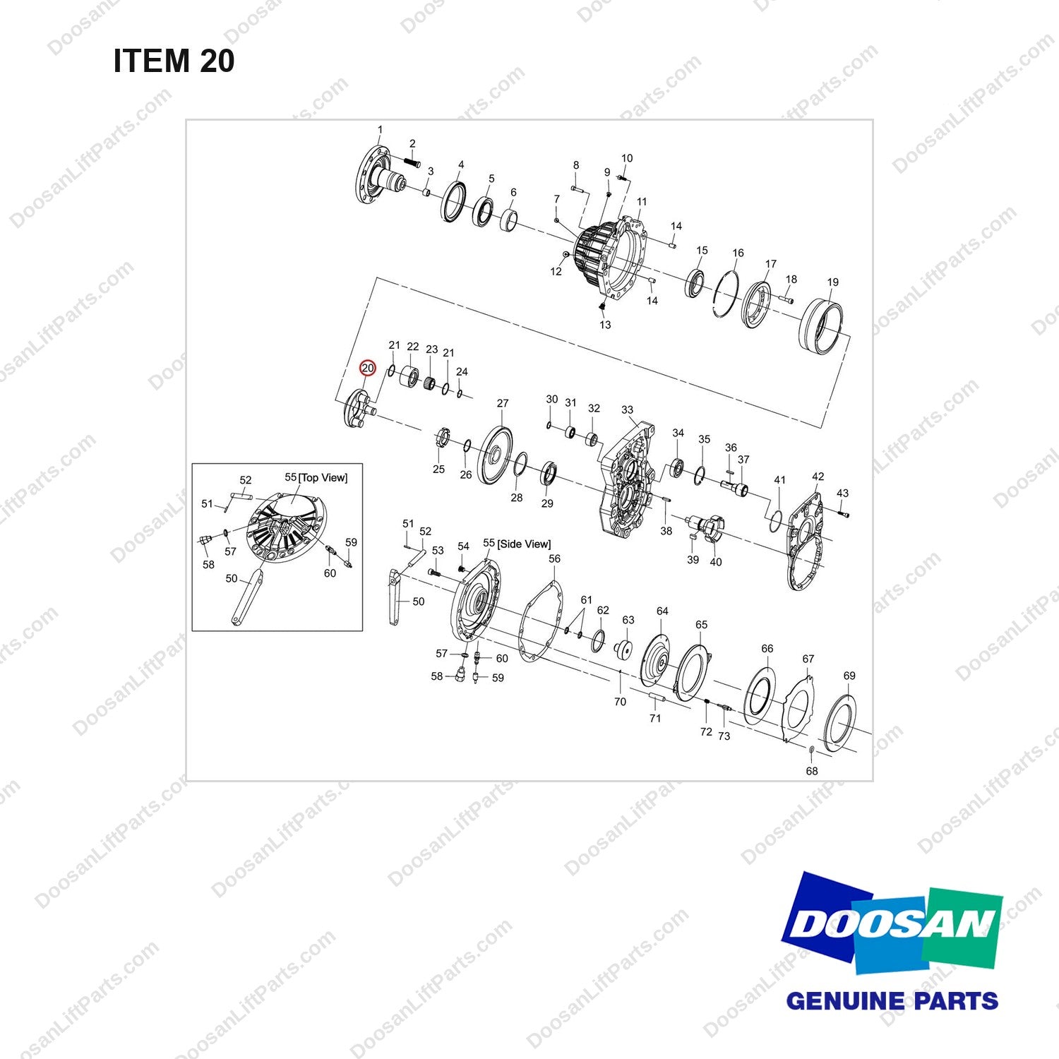 A523120 Drive Axle As - full parts diagram, item 20 marked - genuine Doosan / Bobcat forklift part