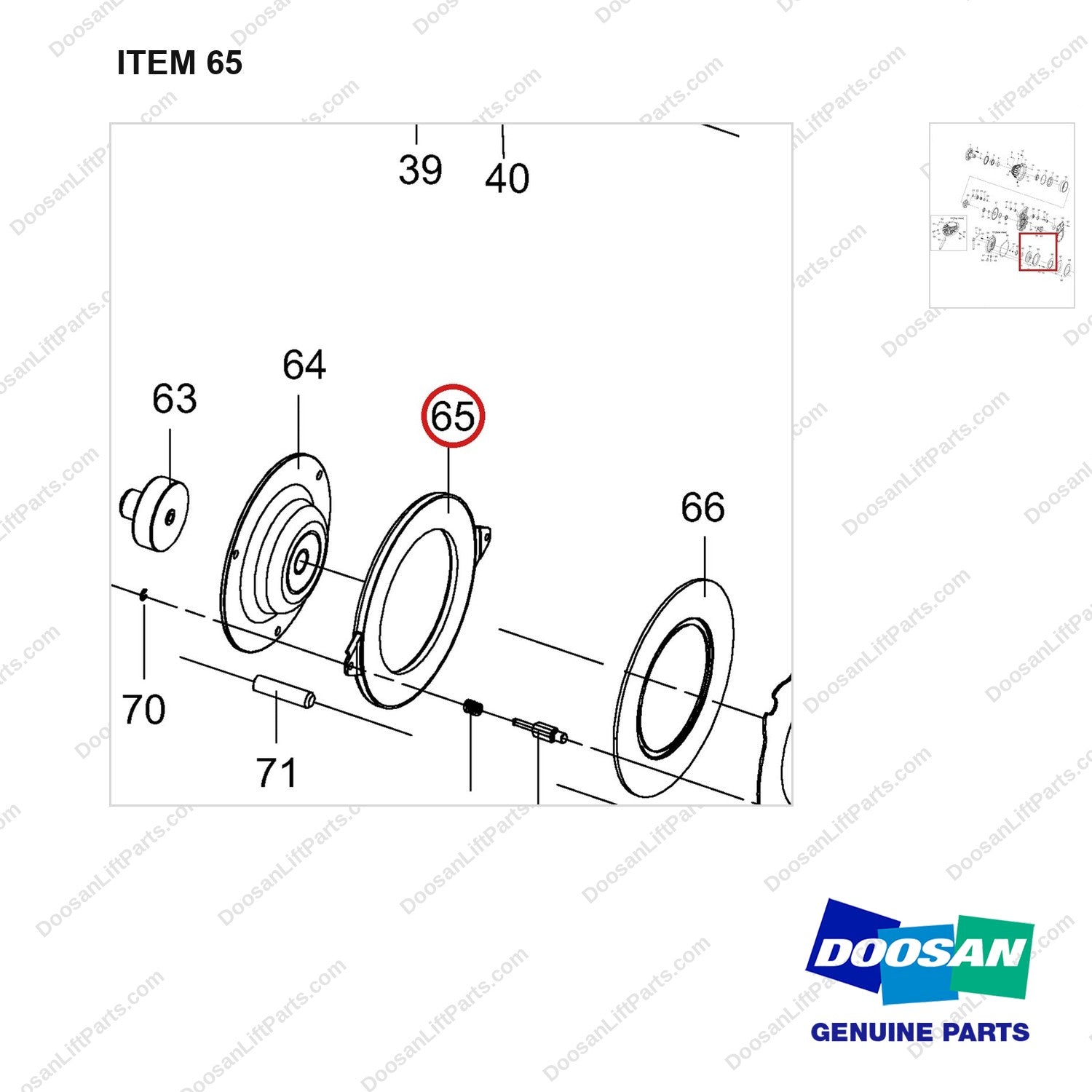 A523165 Drive Axle As - parts diagram, item 65 shown - genuine Doosan / Bobcat forklift part