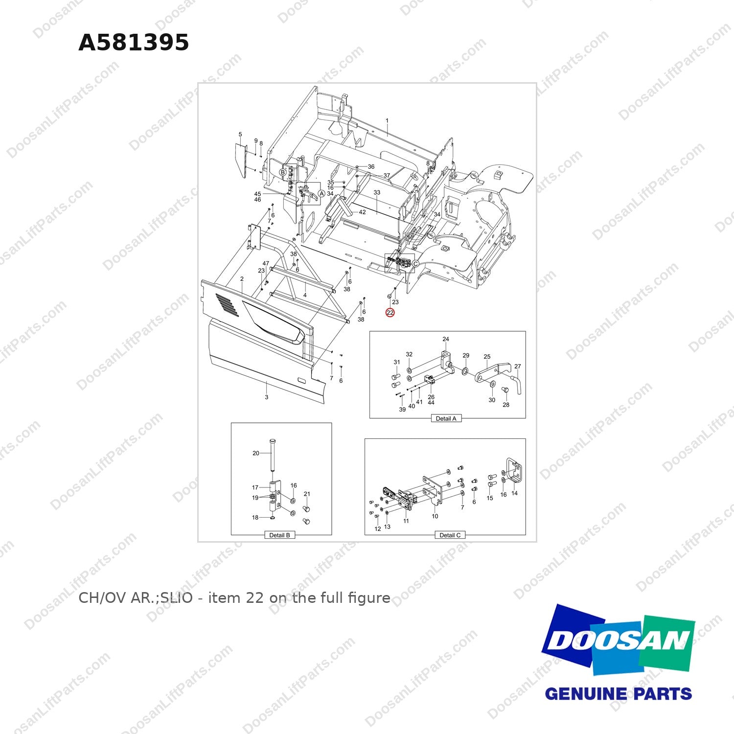 A581395 CH/OV AR.;SLIO - full parts diagram, item 22 marked - genuine Doosan / Bobcat forklift part