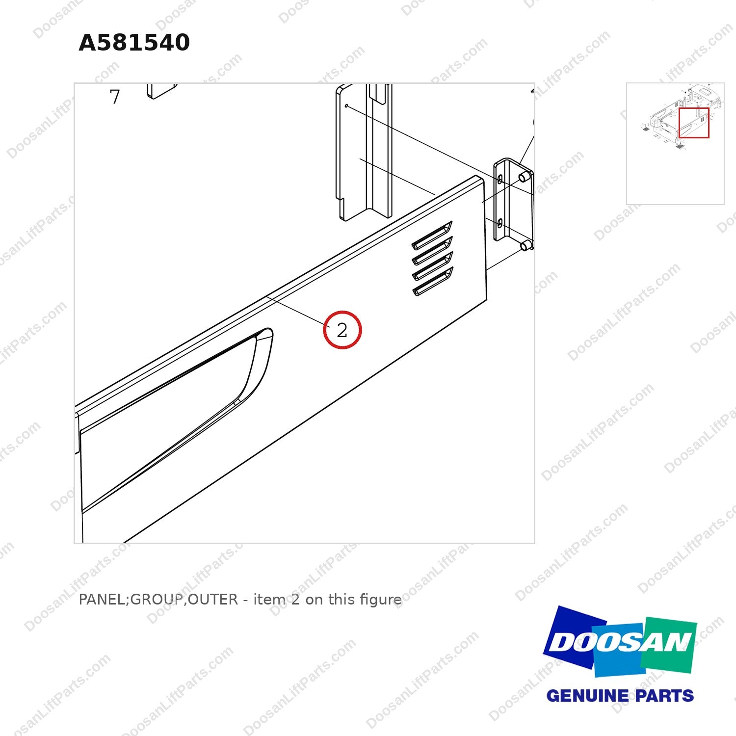 A581540 PANEL;GROUP,OUTER - parts diagram, item 2 shown - genuine Doosan / Bobcat forklift part