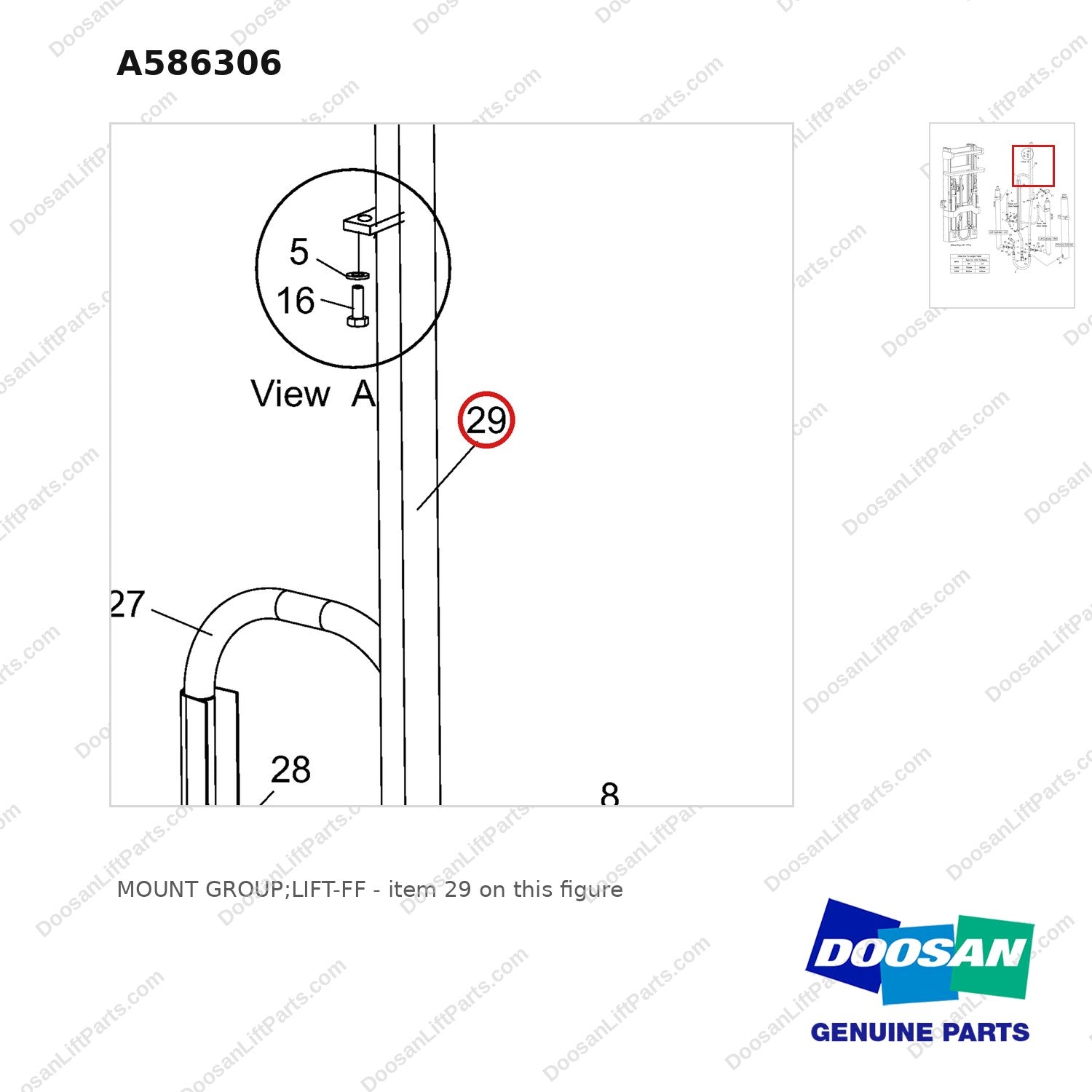 A586306 MOUNT GROUP;LIFT-FF - parts diagram, item 29 shown - genuine Doosan / Bobcat forklift part