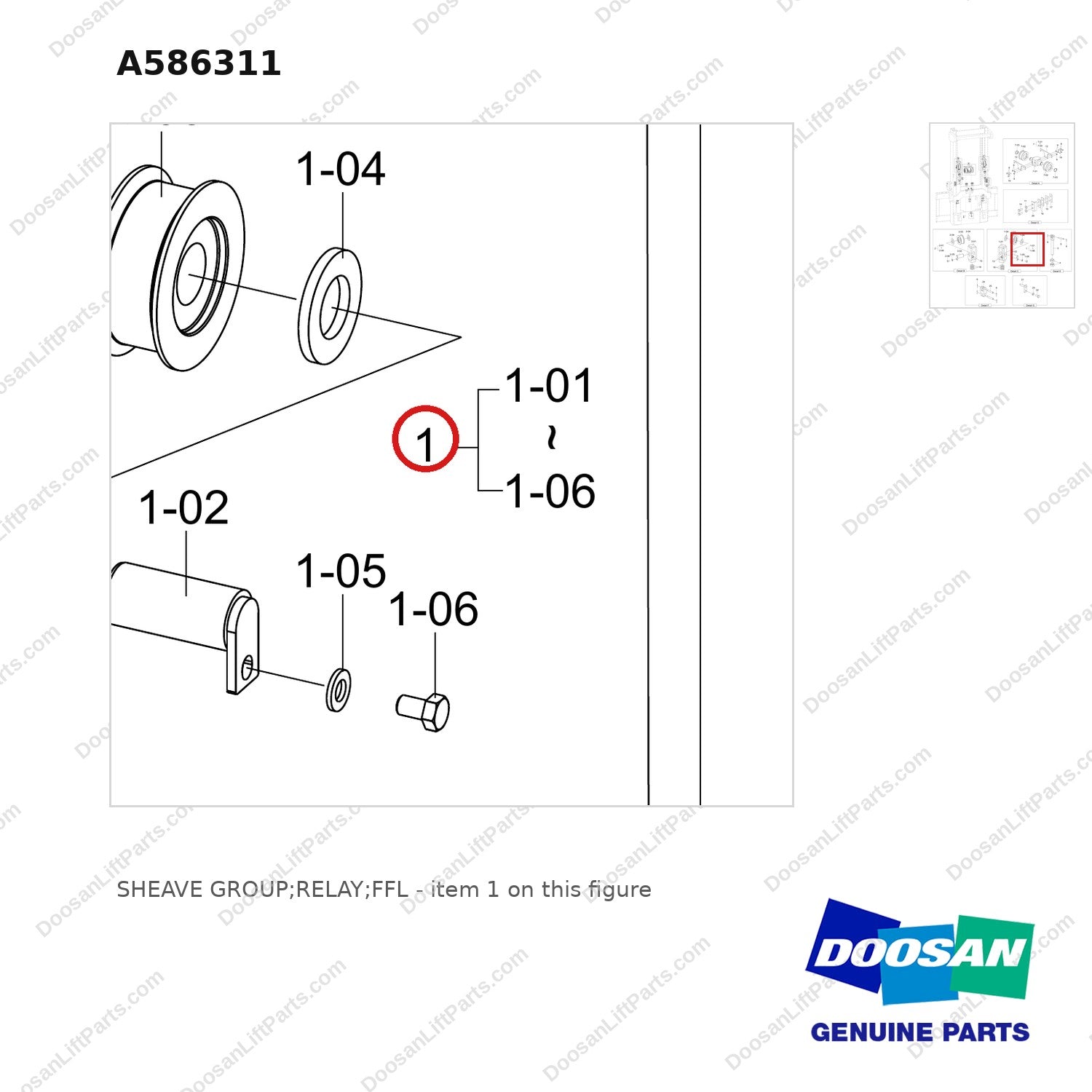 A586311 SHEAVE GROUP;RELAY;FFL - parts diagram, item 1 shown - genuine Doosan / Bobcat forklift part