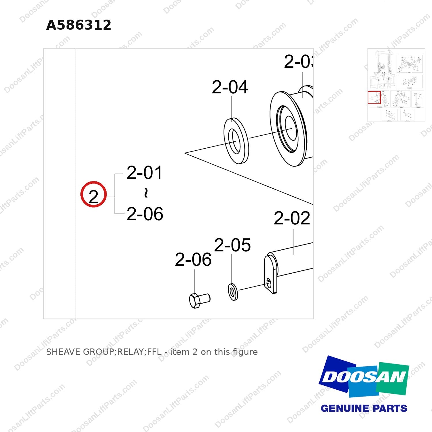 A586312 SHEAVE GROUP;RELAY;FFL - parts diagram, item 2 shown - genuine Doosan / Bobcat forklift part