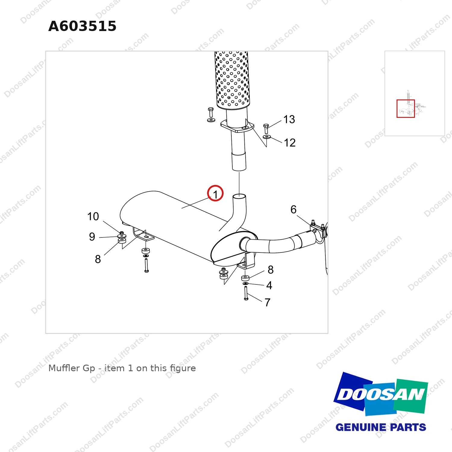 A603515 Muffler Gp - parts diagram, item 1 shown - genuine Doosan / Bobcat forklift part