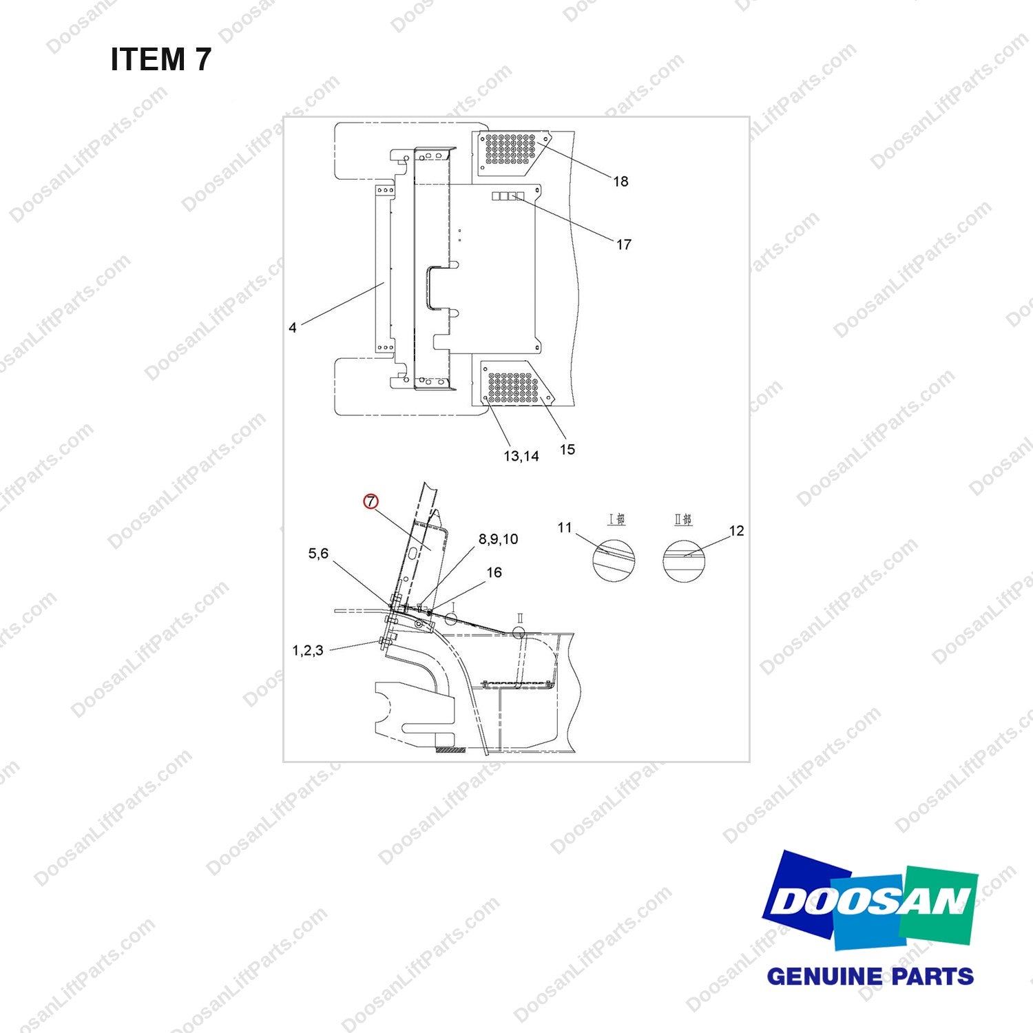 A608041 PLATE,FLOOR;EXPORT - full parts diagram, item 7 marked - genuine Doosan / Bobcat forklift part