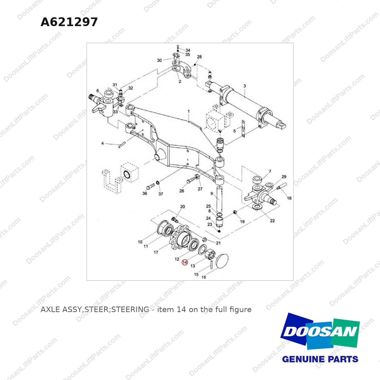 A621297 AXLE ASSY,STEER;STEERING - full parts diagram, item 14 marked - genuine Doosan / Bobcat forklift part