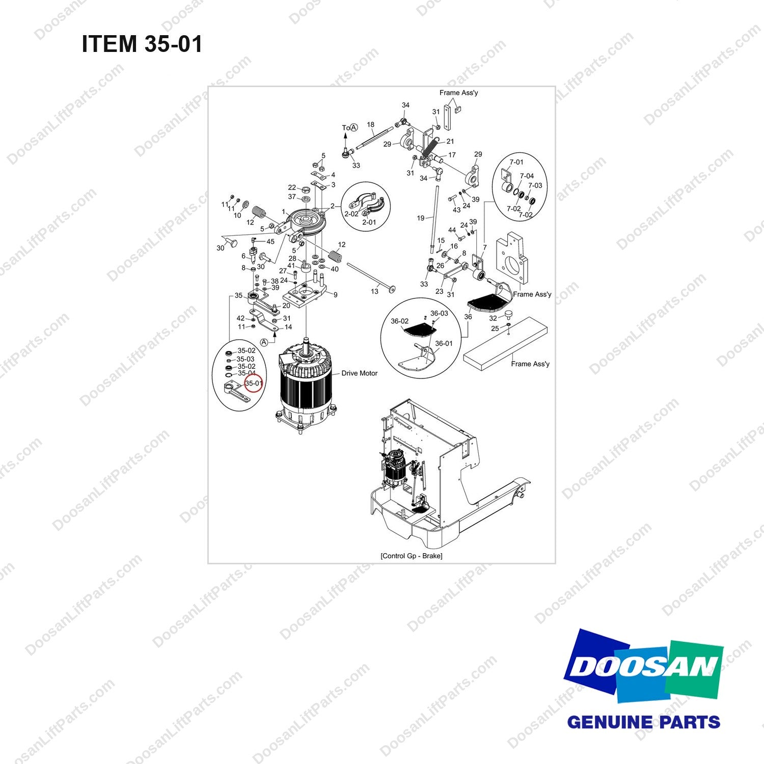 A641052 Control Gp-Brake - full parts diagram, item 35-01 marked - genuine Doosan / Bobcat forklift part