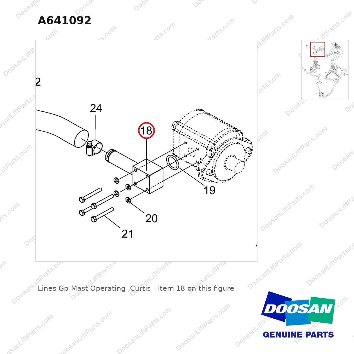 A641092 Lines Gp-Mast Operating ,Curtis - parts diagram, item 18 shown - genuine Doosan / Bobcat forklift part
