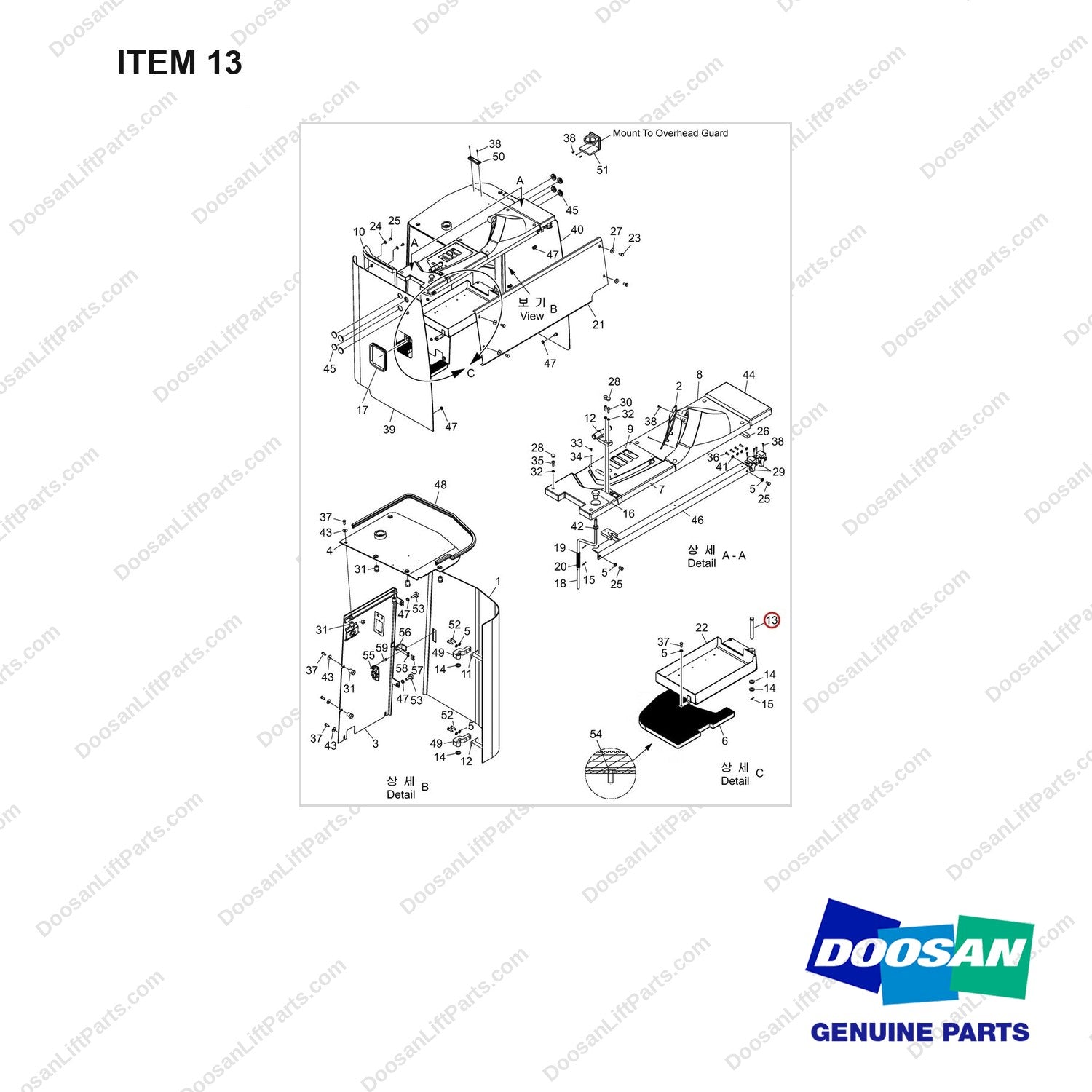 A641849 Panel Gp - Outer - full parts diagram, item 13 marked - genuine Doosan / Bobcat forklift part