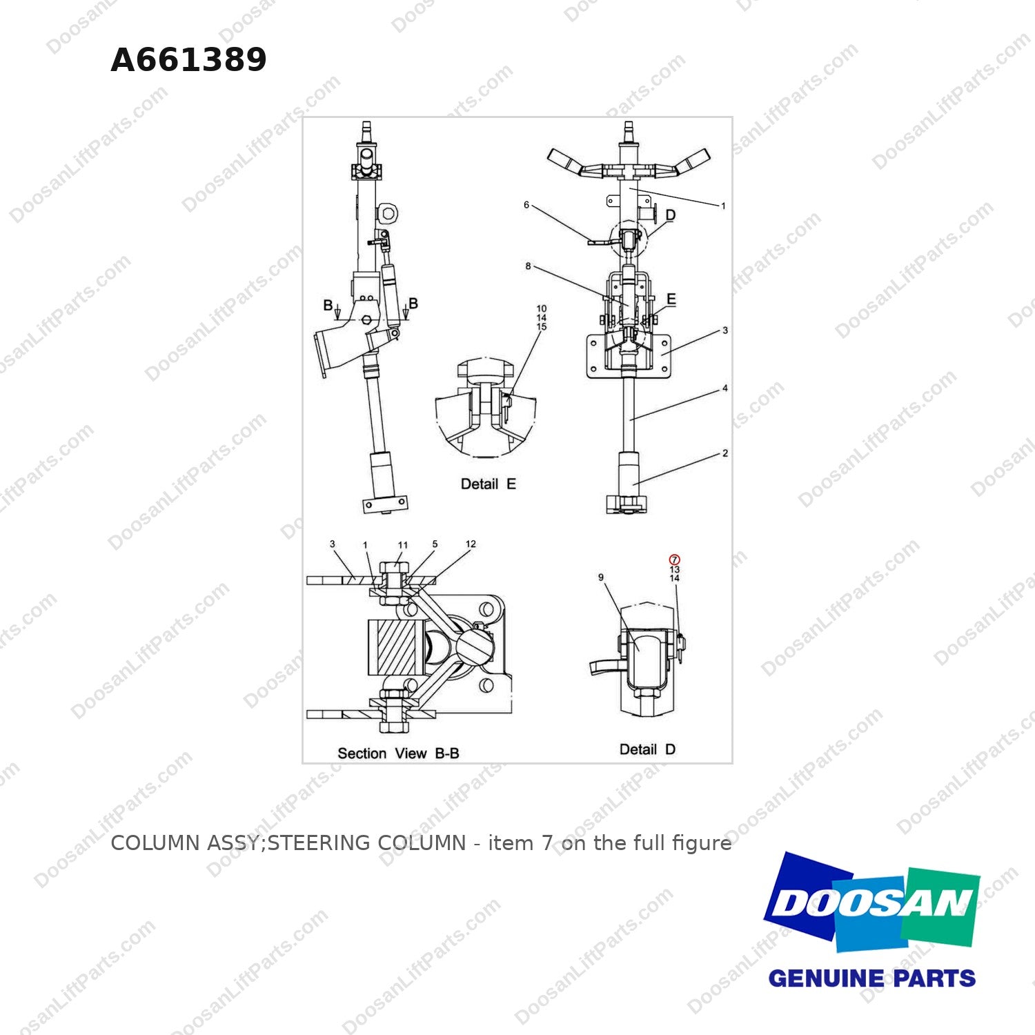 A661389 COLUMN ASSY;STEERING COLUMN - full parts diagram, item 7 marked - genuine Doosan / Bobcat forklift part
