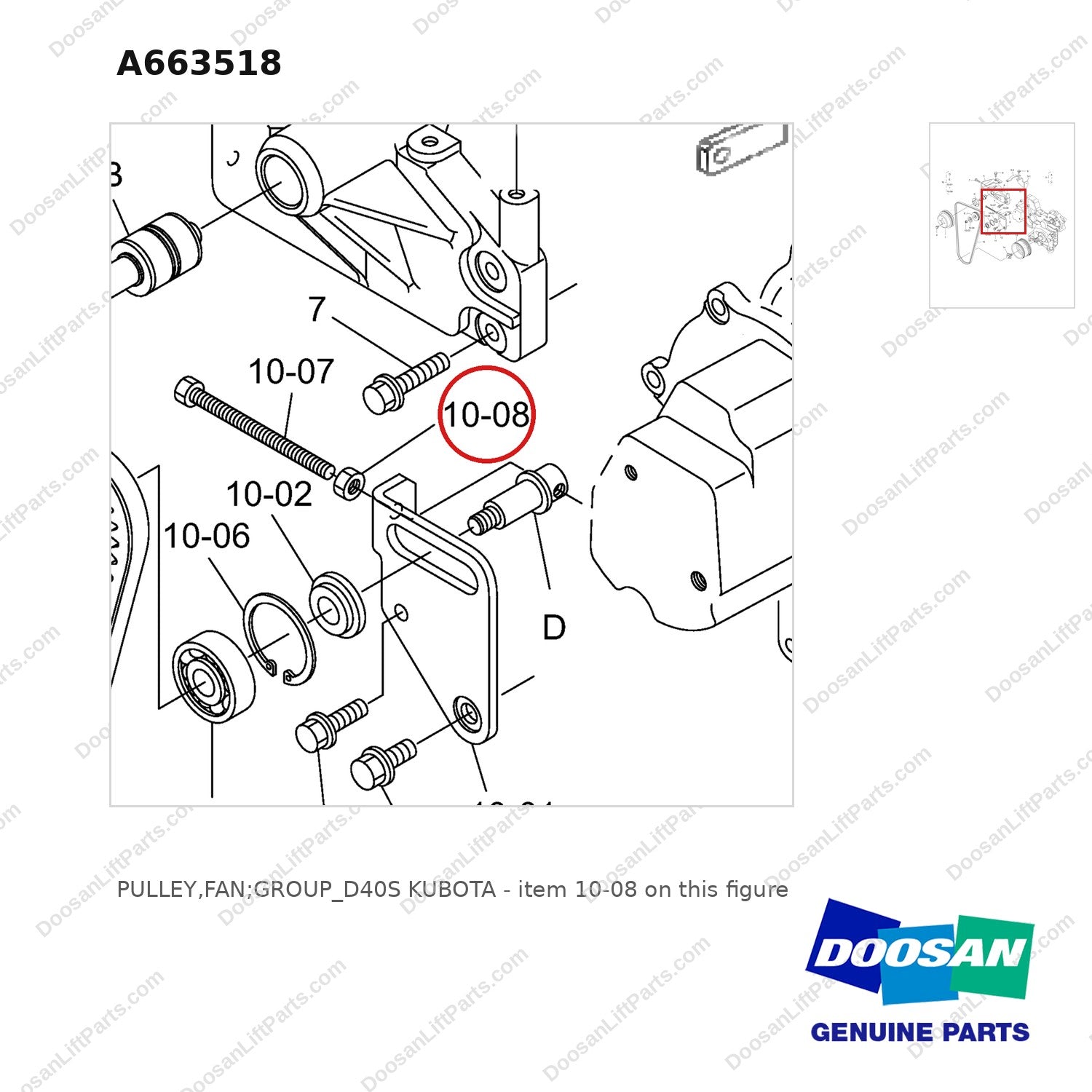 A663518 PULLEY,FAN;GROUP_D40S KUBOTA - parts diagram, item 10-08 shown - genuine Doosan / Bobcat forklift part