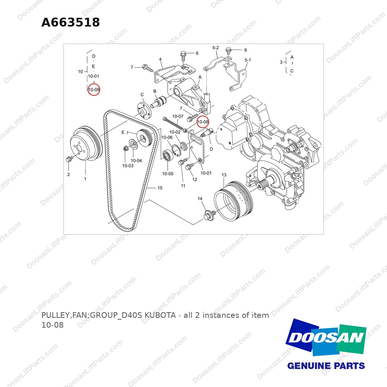 A663518 PULLEY,FAN;GROUP_D40S KUBOTA - full parts diagram, item 10-08 marked - genuine Doosan / Bobcat forklift part