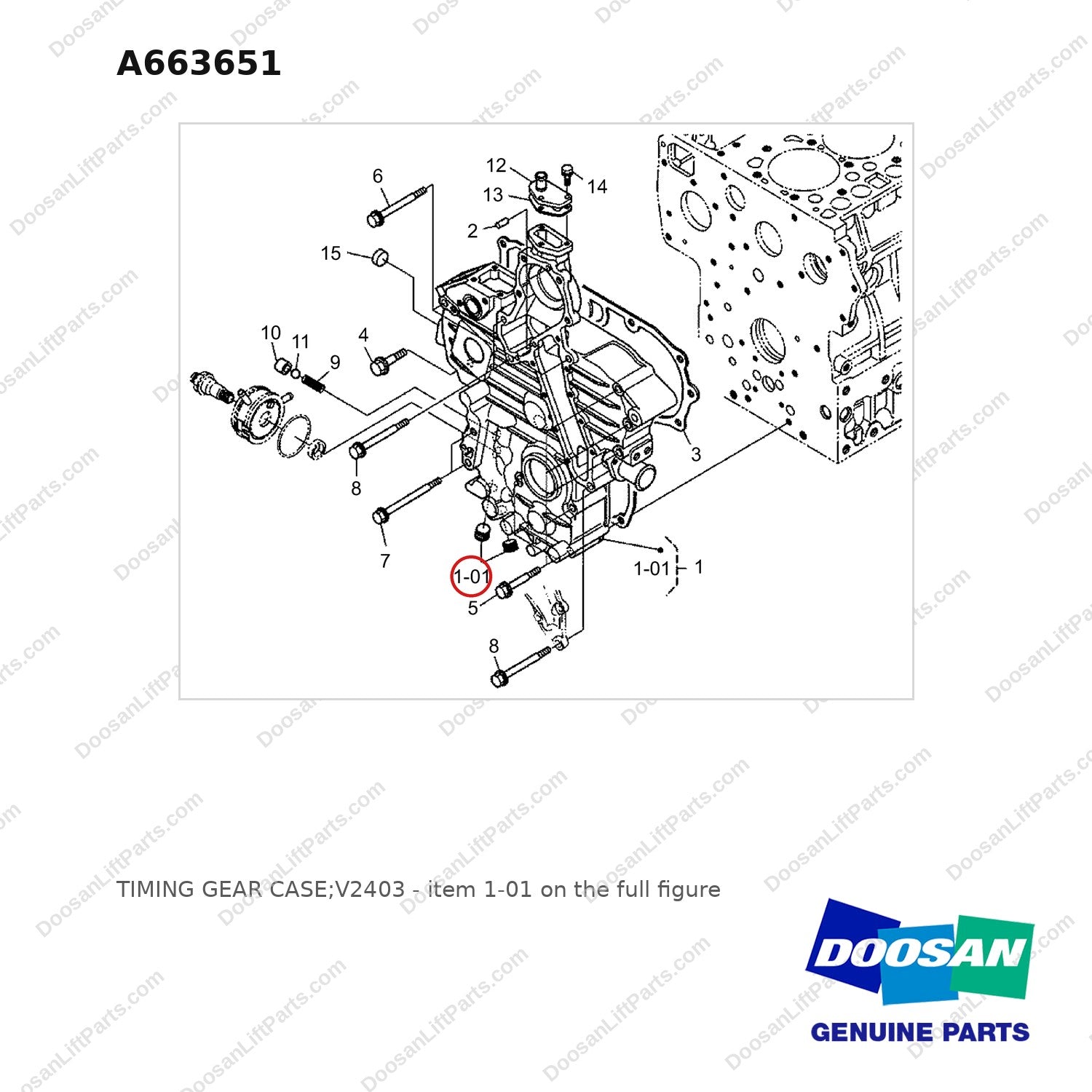 A663651 TIMING GEAR CASE;V2403 - full parts diagram, item 1-01 marked - genuine Doosan / Bobcat forklift part