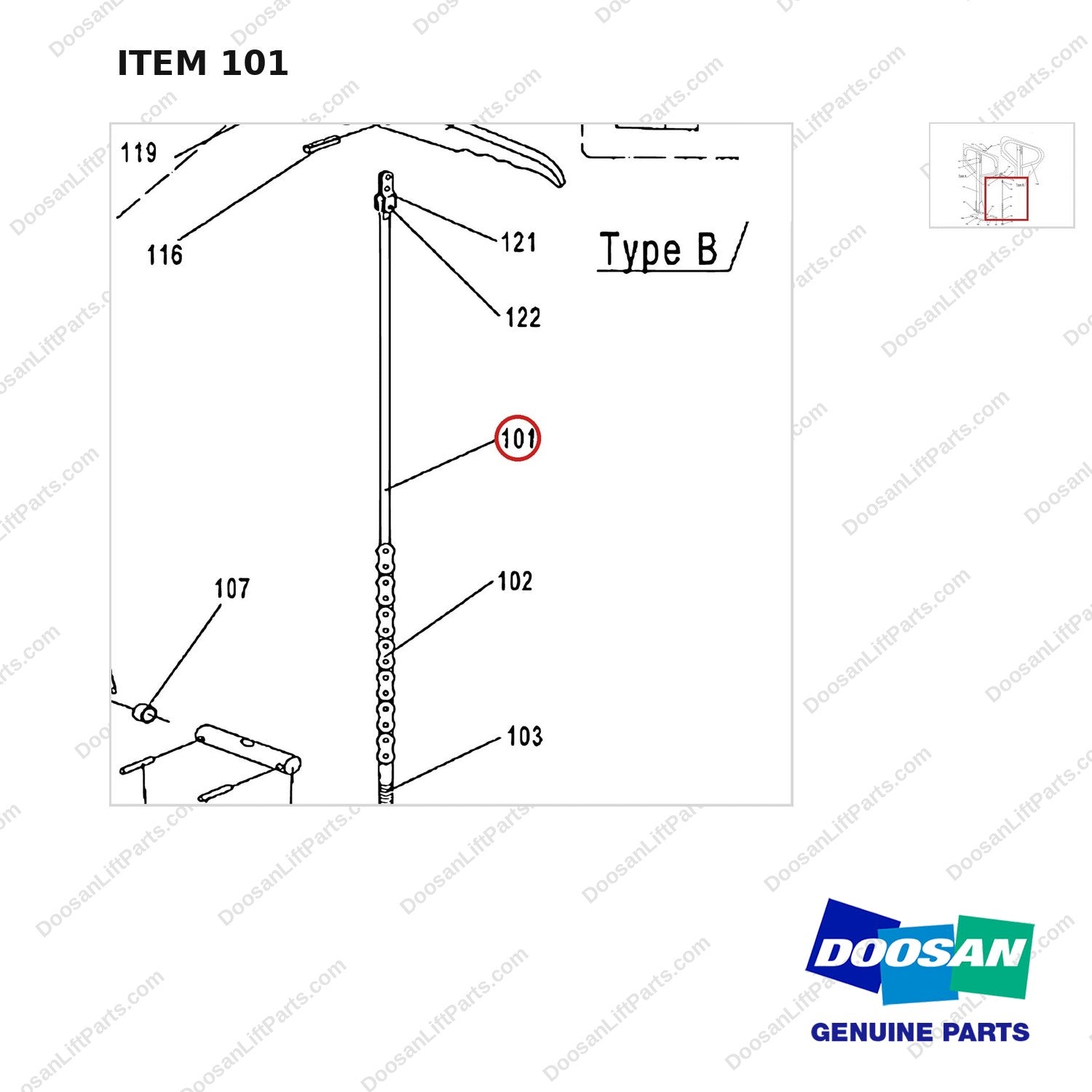 AC101 HPT28 HAND PALLET TRUCK - HANDLE - parts diagram, item 101 shown - genuine Doosan / Bobcat forklift part