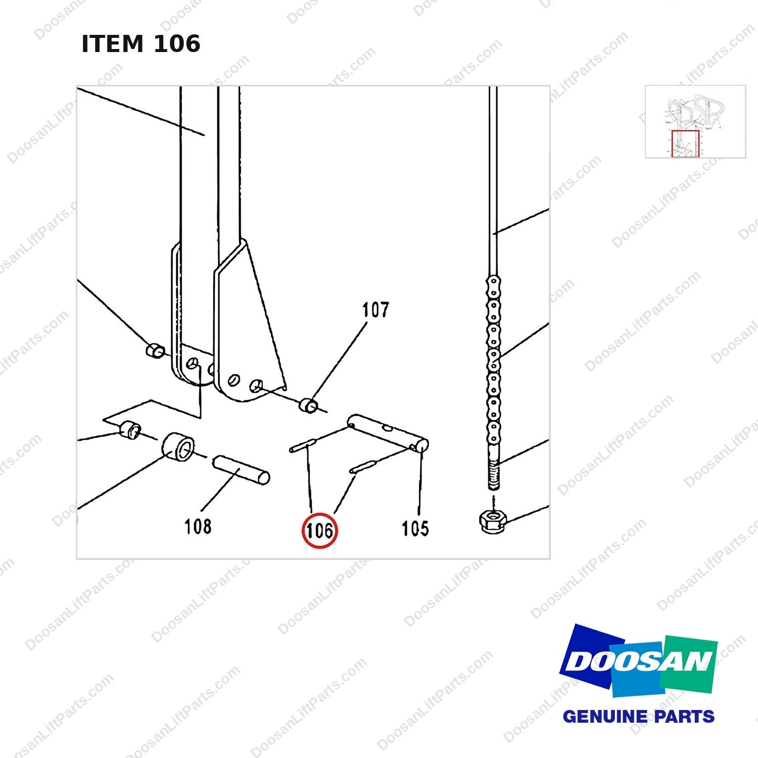 AC106 HPT28 HAND PALLET TRUCK - HANDLE - parts diagram, item 106 shown - genuine Doosan / Bobcat forklift part