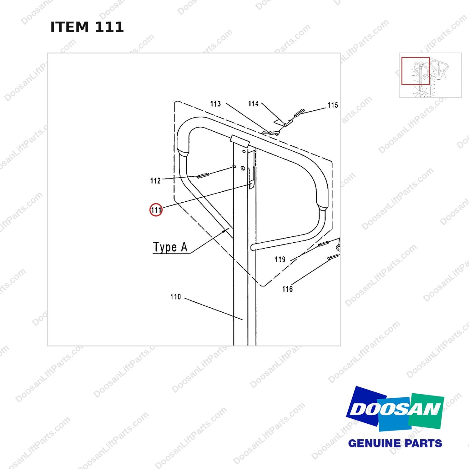 AC111 HPT28 HAND PALLET TRUCK - HANDLE - parts diagram, item 111 shown - genuine Doosan / Bobcat forklift part
