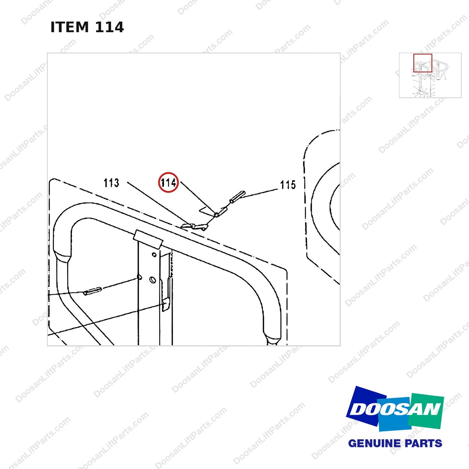 AC114 HPT28 HAND PALLET TRUCK - HANDLE - parts diagram, item 114 shown - genuine Doosan / Bobcat forklift part