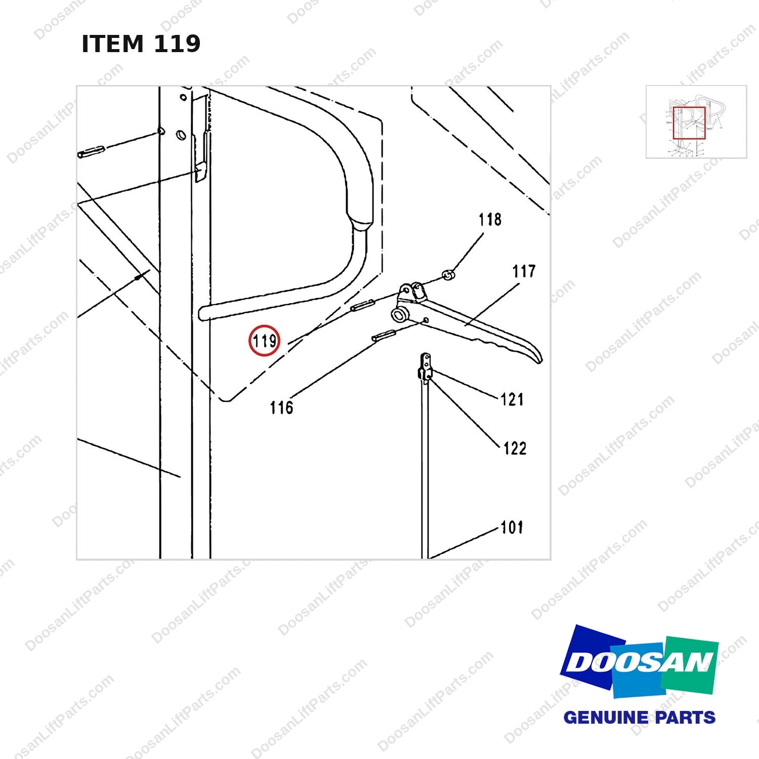 AC119 HPT28 HAND PALLET TRUCK - HANDLE - parts diagram, item 119 shown - genuine Doosan / Bobcat forklift part