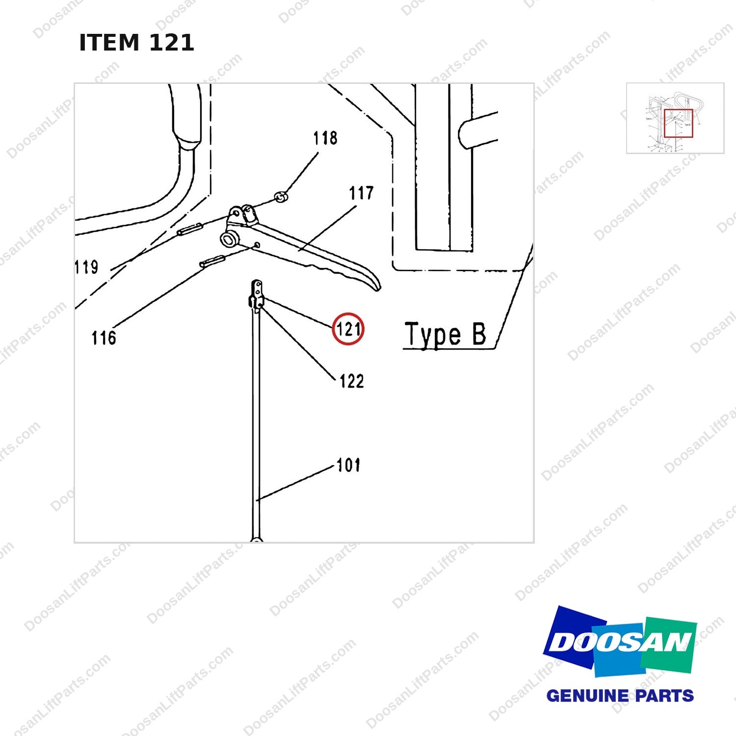 AC121 HPT28 HAND PALLET TRUCK - HANDLE - parts diagram, item 121 shown - genuine Doosan / Bobcat forklift part
