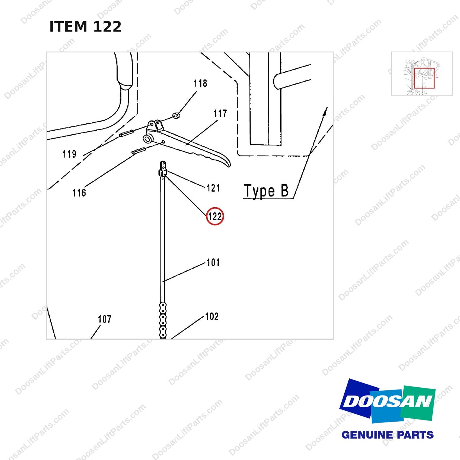 AC122 HPT28 HAND PALLET TRUCK - HANDLE - parts diagram, item 122 shown - genuine Doosan / Bobcat forklift part