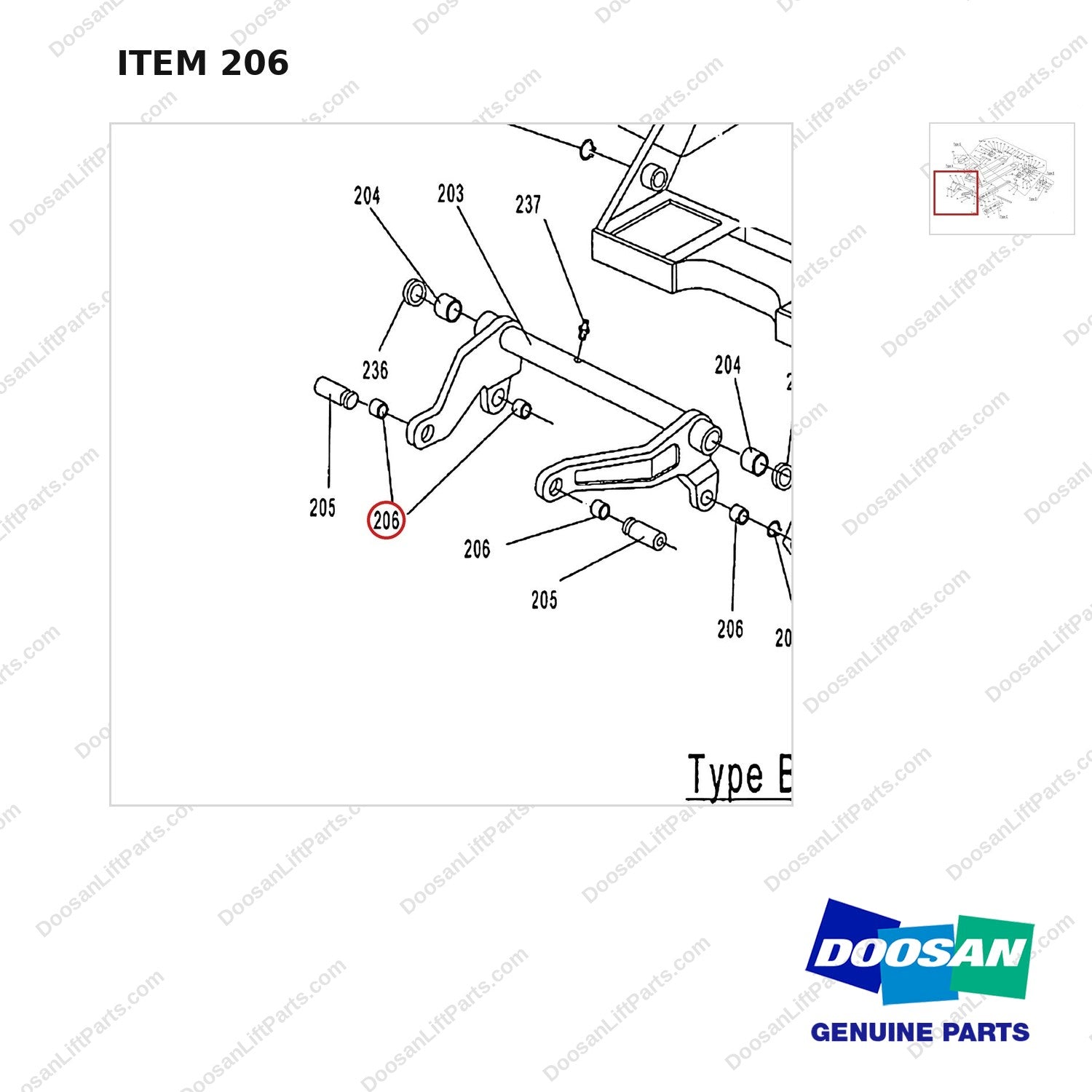AC206 HPT28 HAND PALLET TRUCK - FRAME - parts diagram, item 206 shown - genuine Doosan / Bobcat forklift part