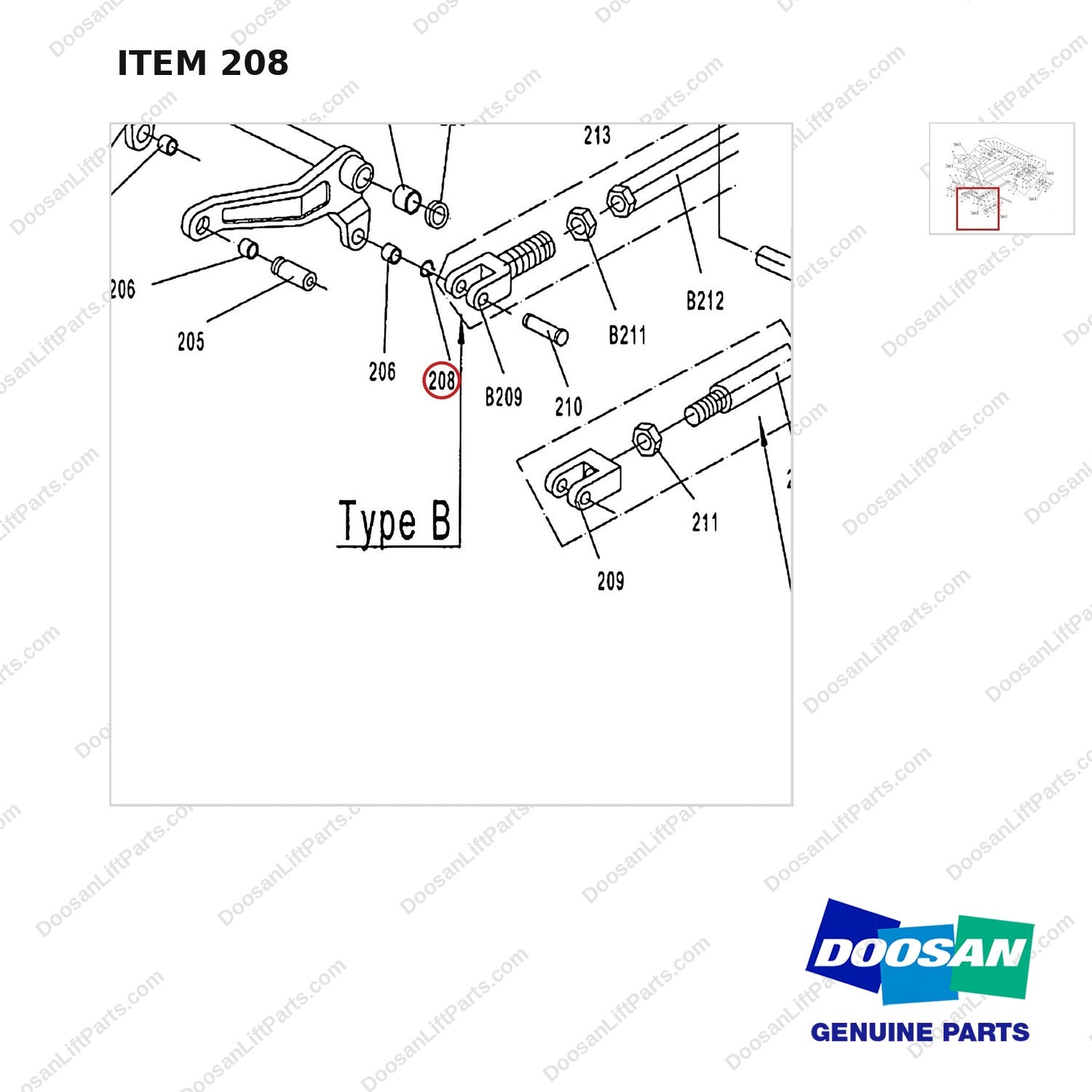 AC208 HPT28 HAND PALLET TRUCK - FRAME - parts diagram, item 208 shown - genuine Doosan / Bobcat forklift part