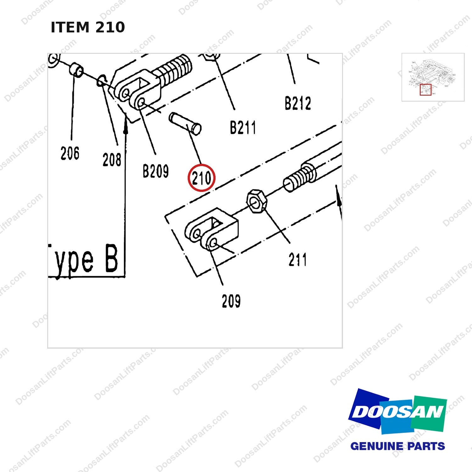AC210 HPT28 HAND PALLET TRUCK - FRAME - parts diagram, item 210 shown - genuine Doosan / Bobcat forklift part