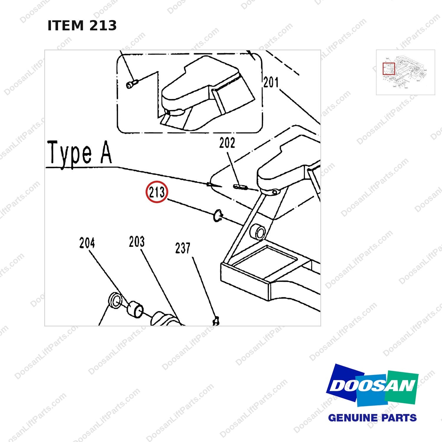 AC213 HPT28 HAND PALLET TRUCK - FRAME - parts diagram, item 213 shown - genuine Doosan / Bobcat forklift part