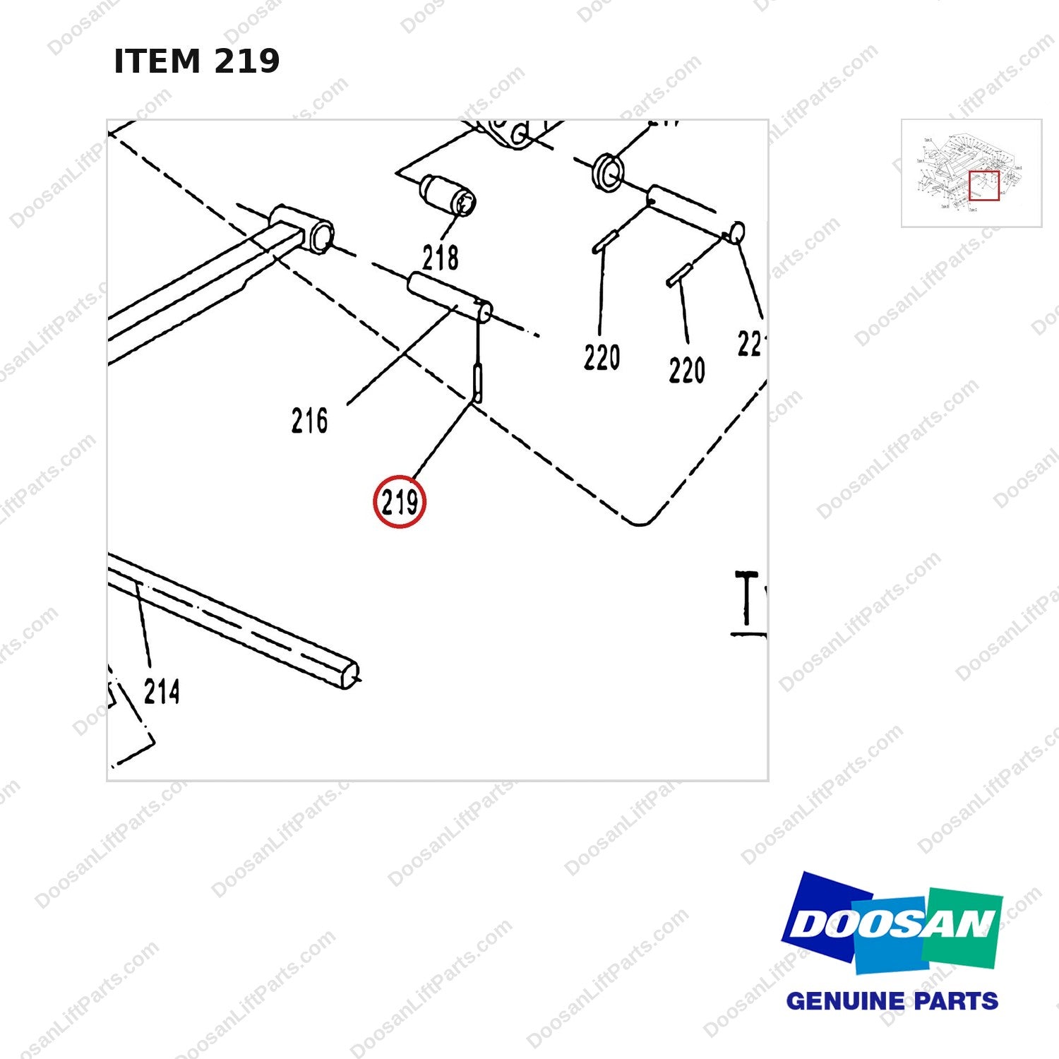 AC219 HPT28 HAND PALLET TRUCK - FRAME - parts diagram, item 219 shown - genuine Doosan / Bobcat forklift part