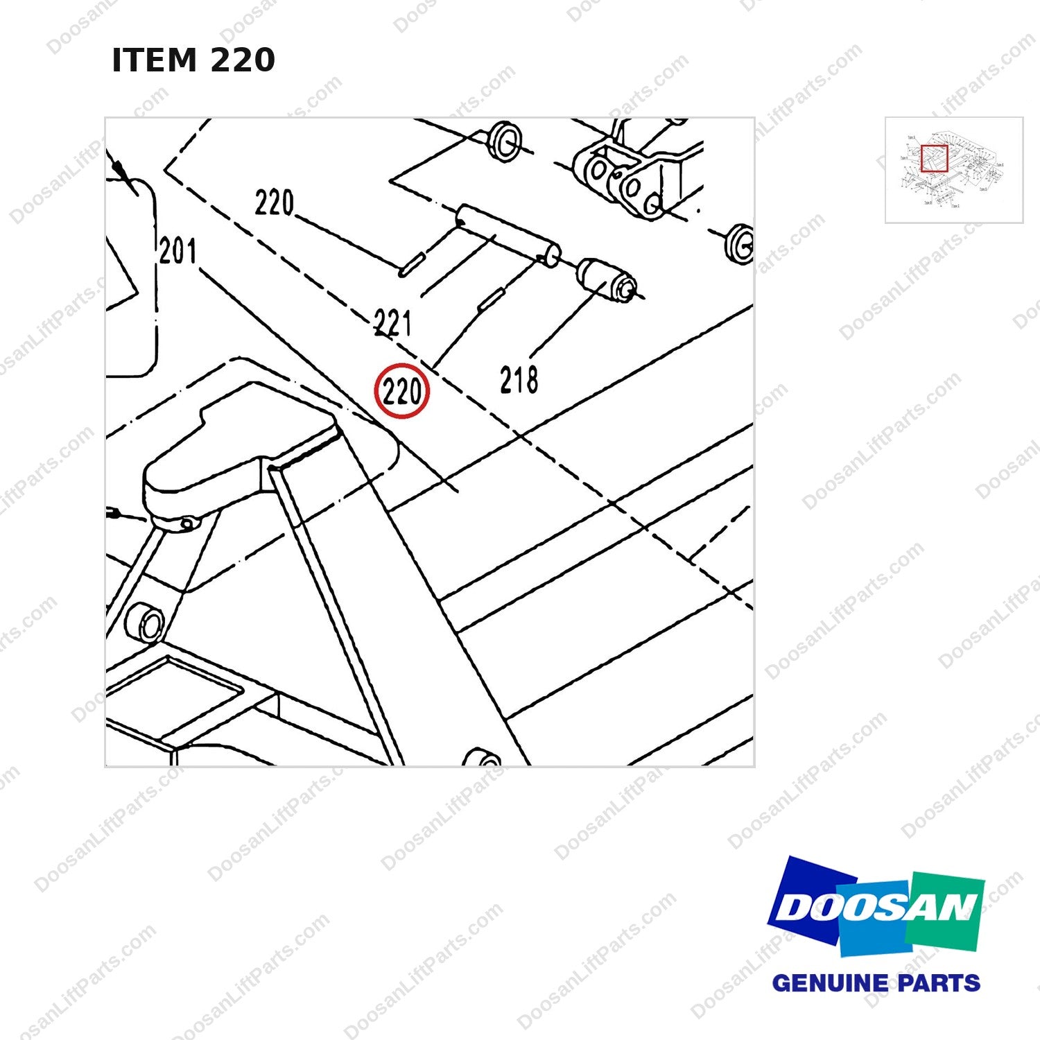 AC220 HPT28 HAND PALLET TRUCK - FRAME - parts diagram, item 220 shown - genuine Doosan / Bobcat forklift part