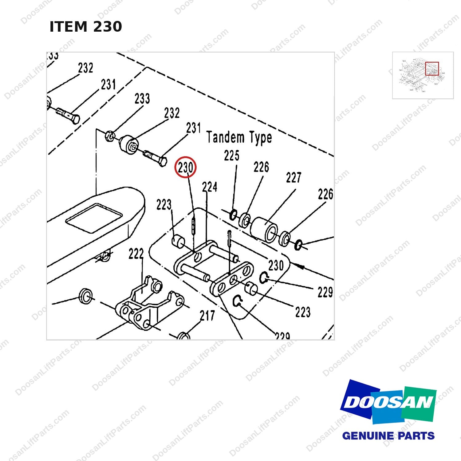 AC230 HPT28 HAND PALLET TRUCK - FRAME - parts diagram, item 230 shown - genuine Doosan / Bobcat forklift part